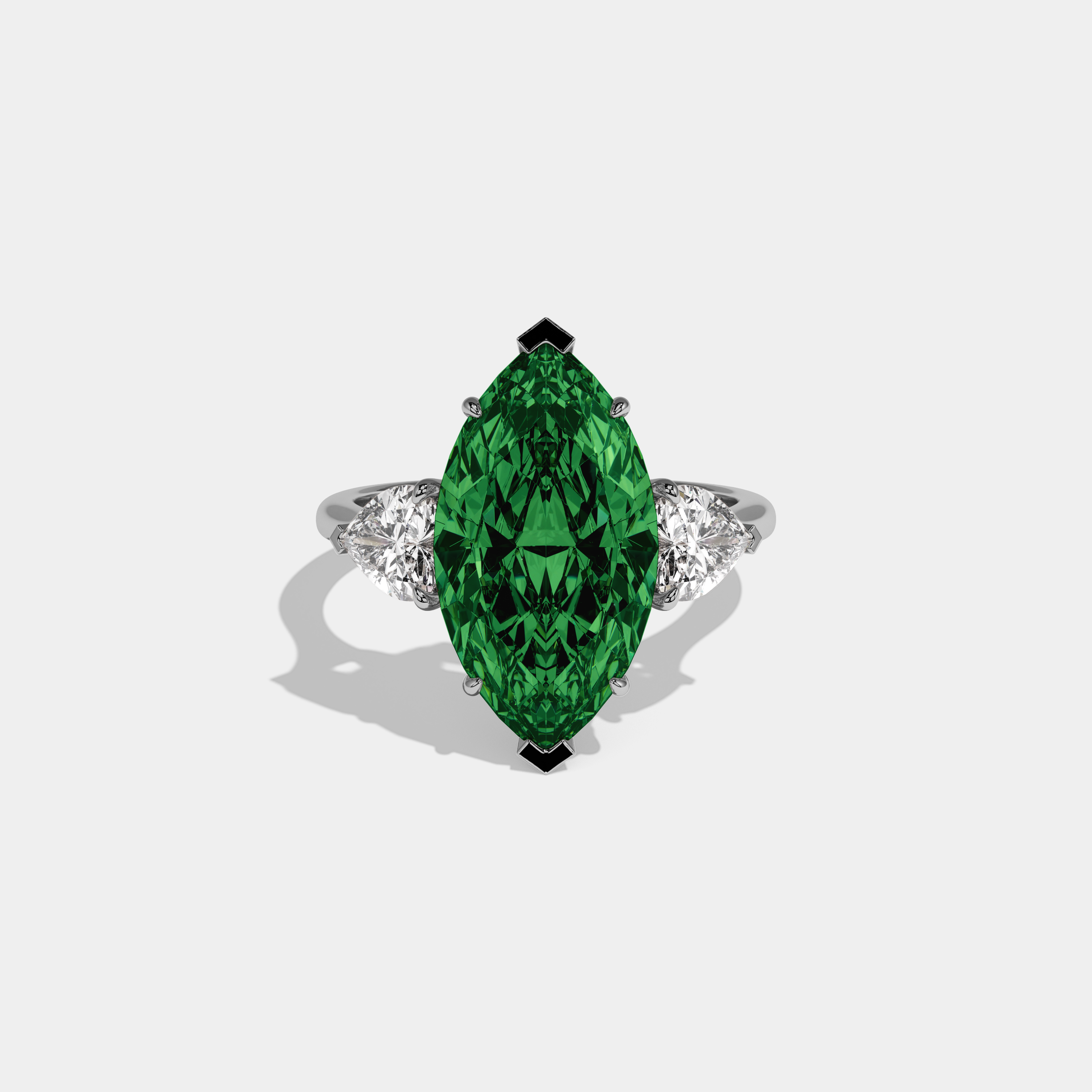 Alexandra Fancy Dark Green Marquise Cut Diamond Plain Band With Heart Cut Sides Engagement Ring 8ct 18K White Gold