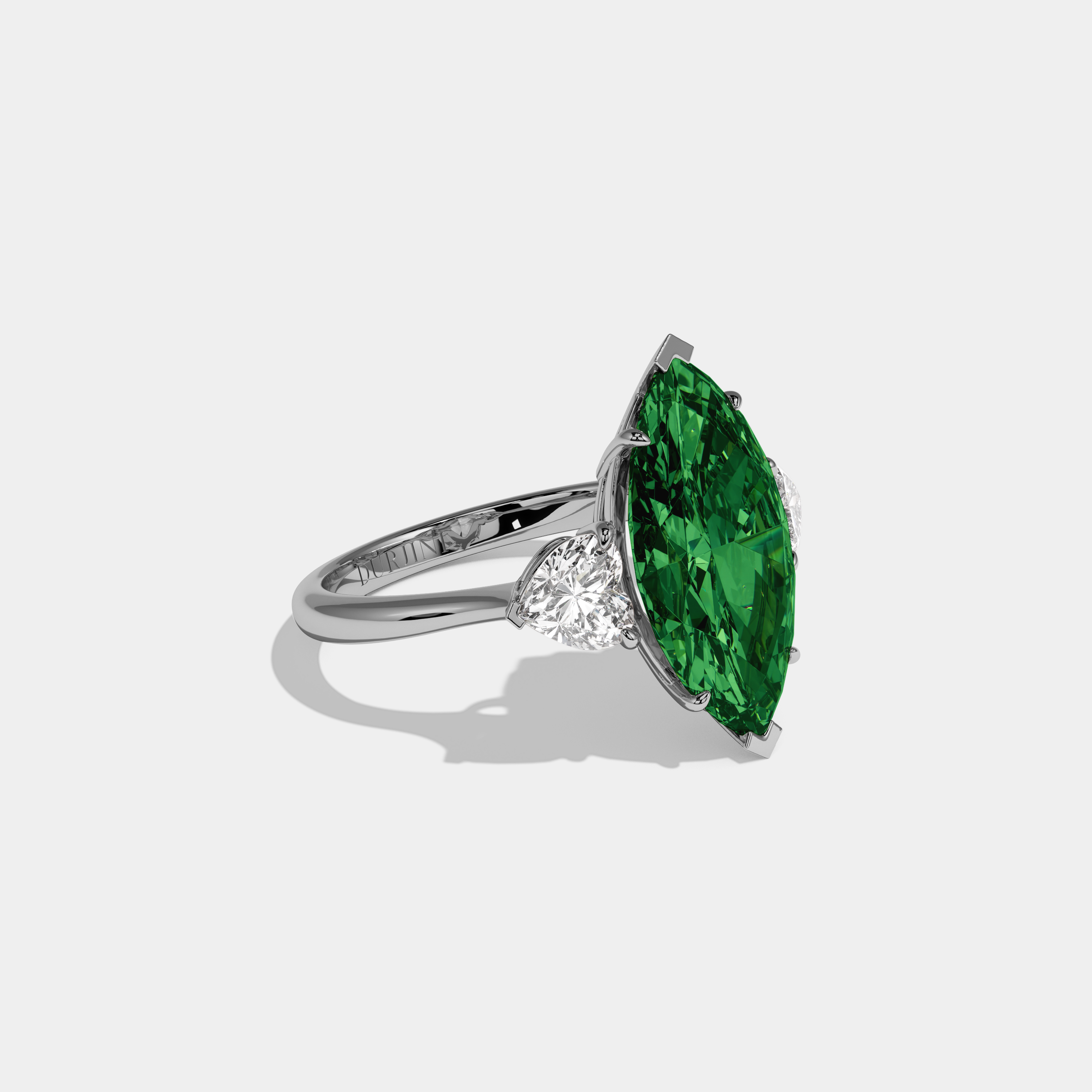 Alexandra Fancy Dark Green Marquise Cut Diamond Plain Band With Heart Cut Sides Engagement Ring 8ct 18K White Gold