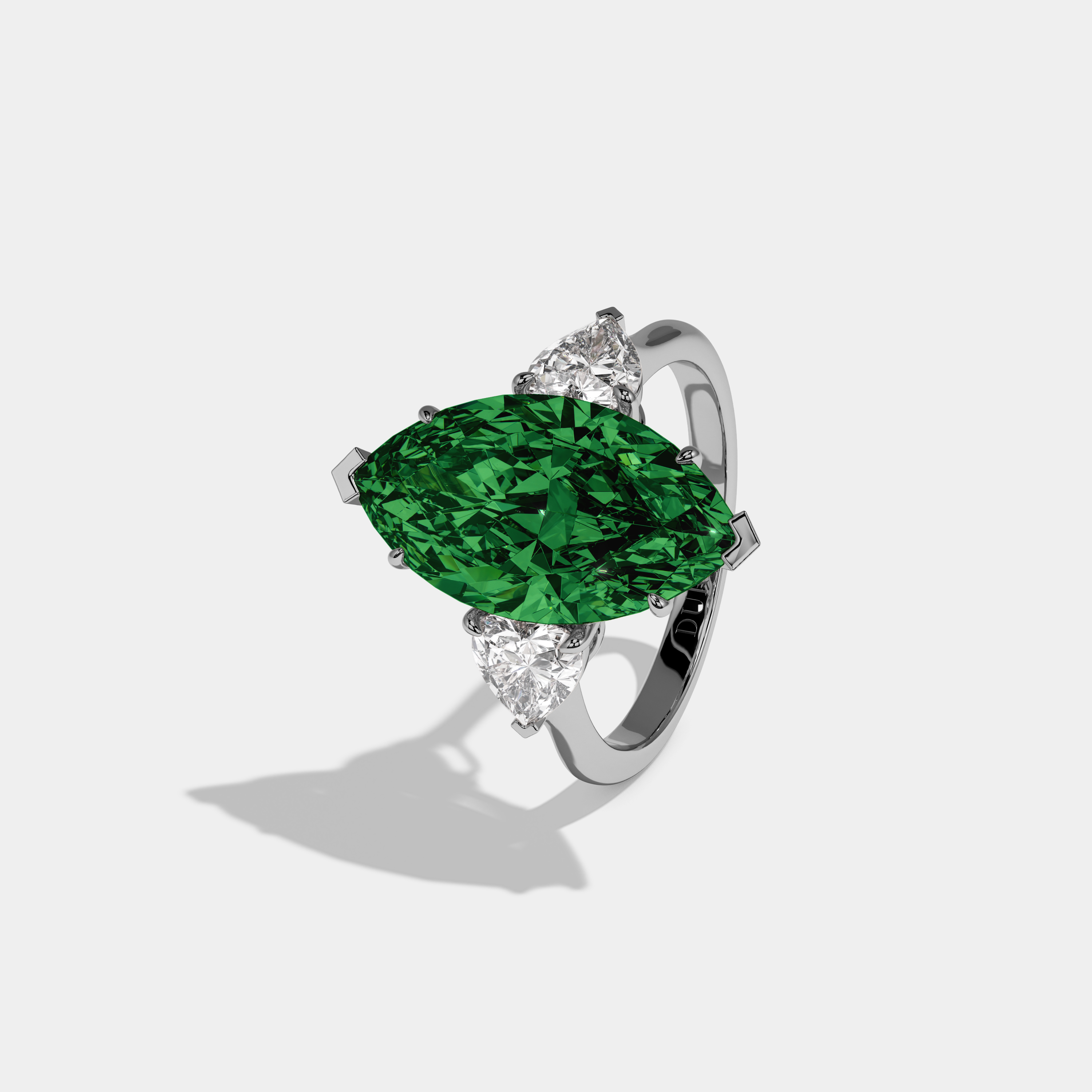 Alexandra Fancy Dark Green Marquise Cut Diamond Plain Band With Heart Cut Sides Engagement Ring 8ct 18K White Gold