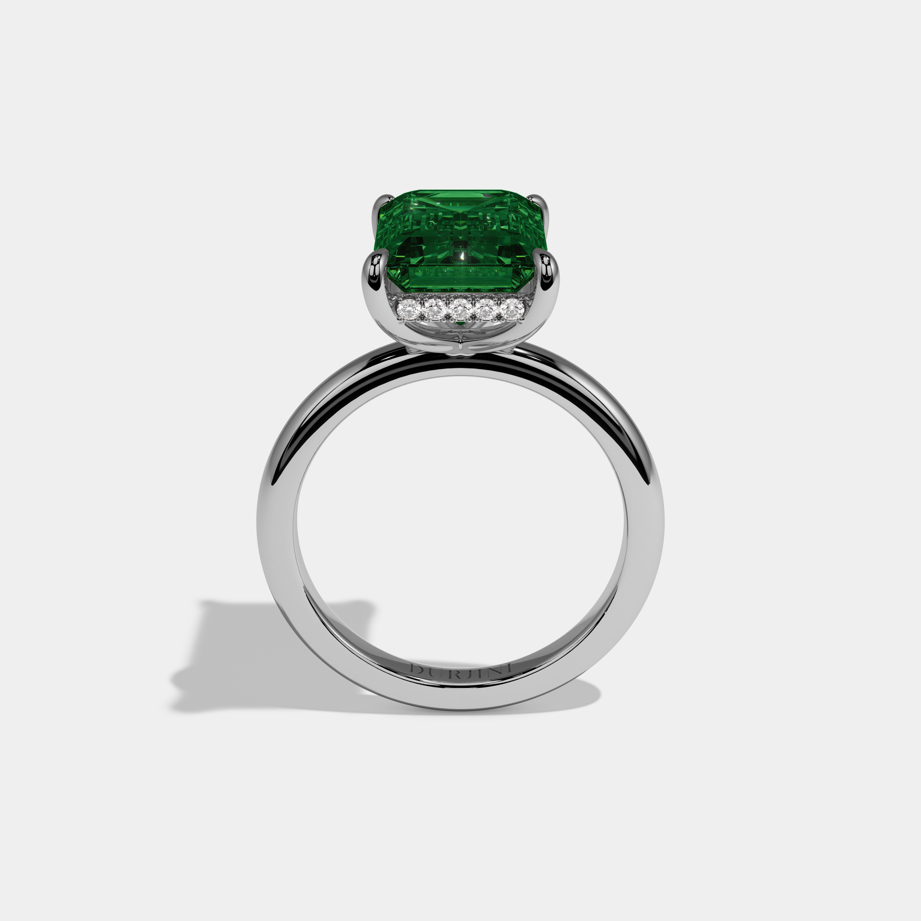 Eugenie Fancy Dark Green Emerald Cut Diamond Plain Band Engagement Ring 6.5ct 18K White Gold