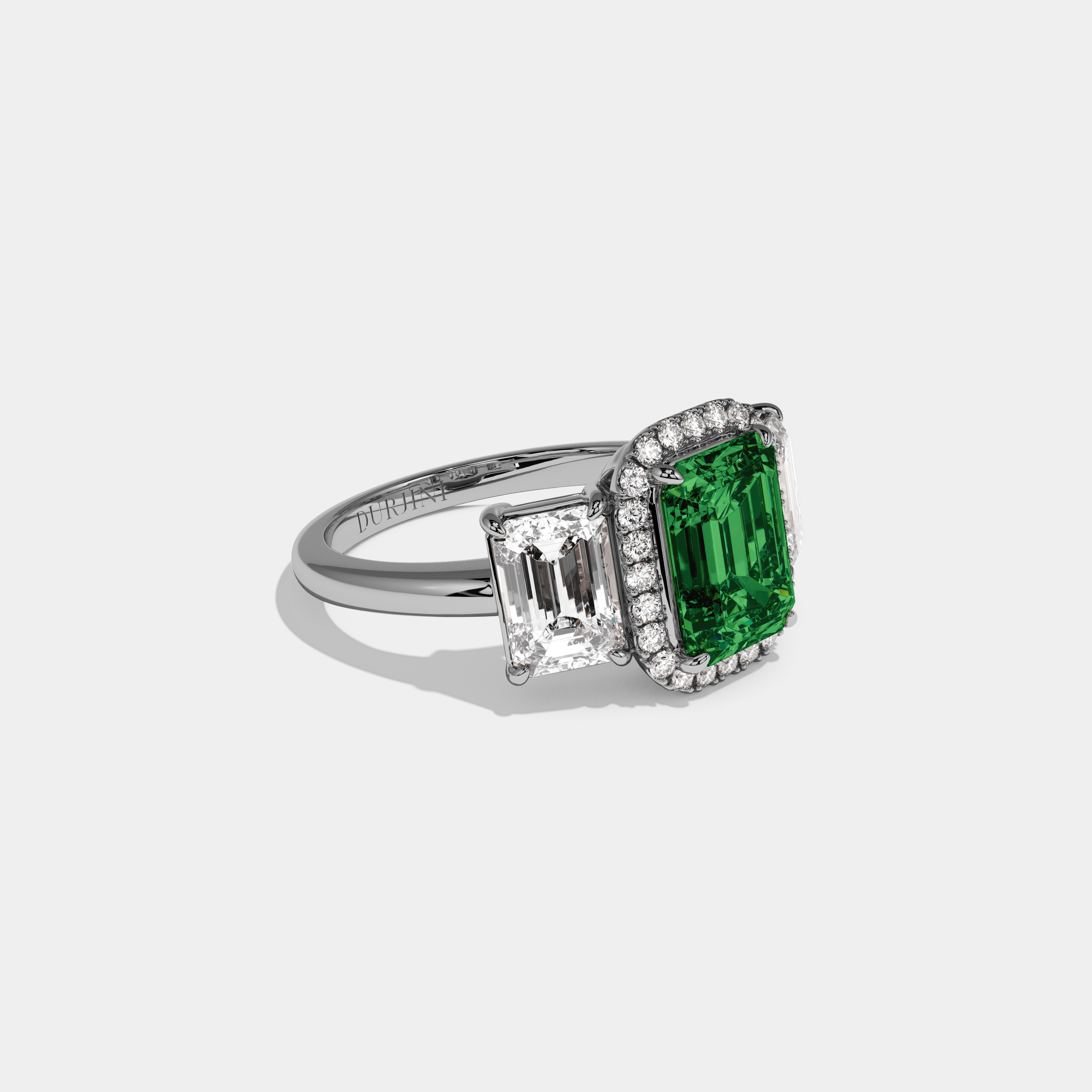 Charlotte Fancy Dark Green Emerald Cut Diamond Plain Band With Emerald Cut Sides Engagement Ring 8ct 18K White Gold