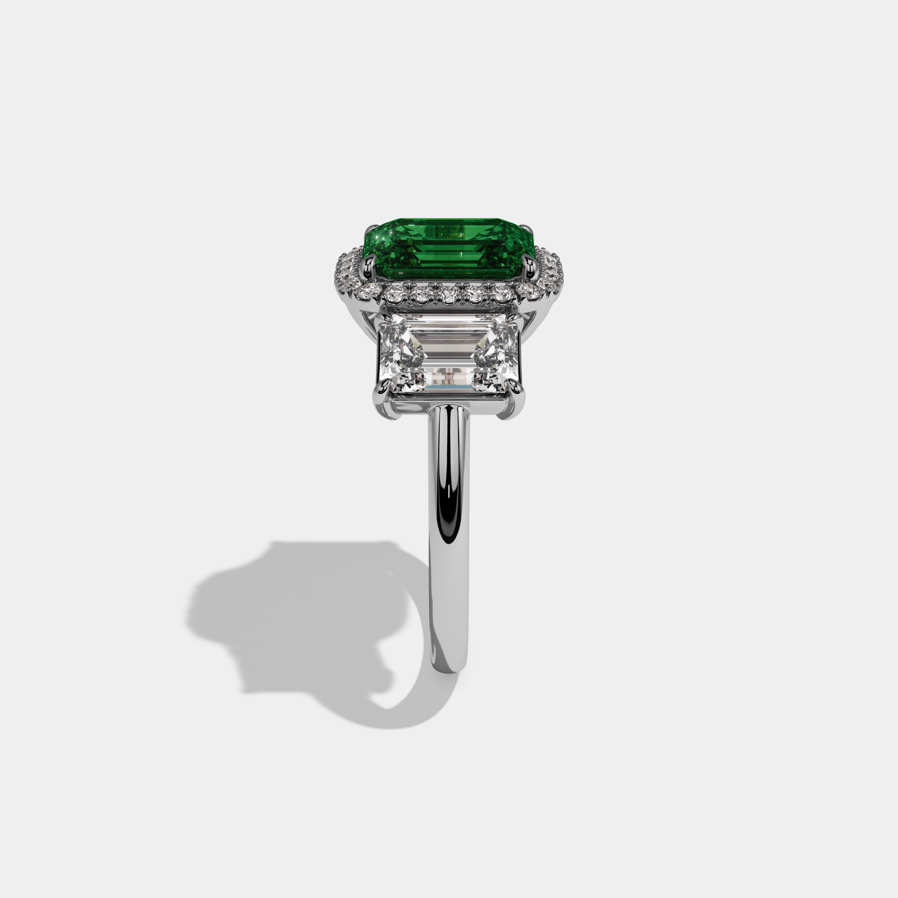 Charlotte Fancy Dark Green Emerald Cut Diamond Plain Band With Emerald Cut Sides Engagement Ring 8ct 18K White Gold