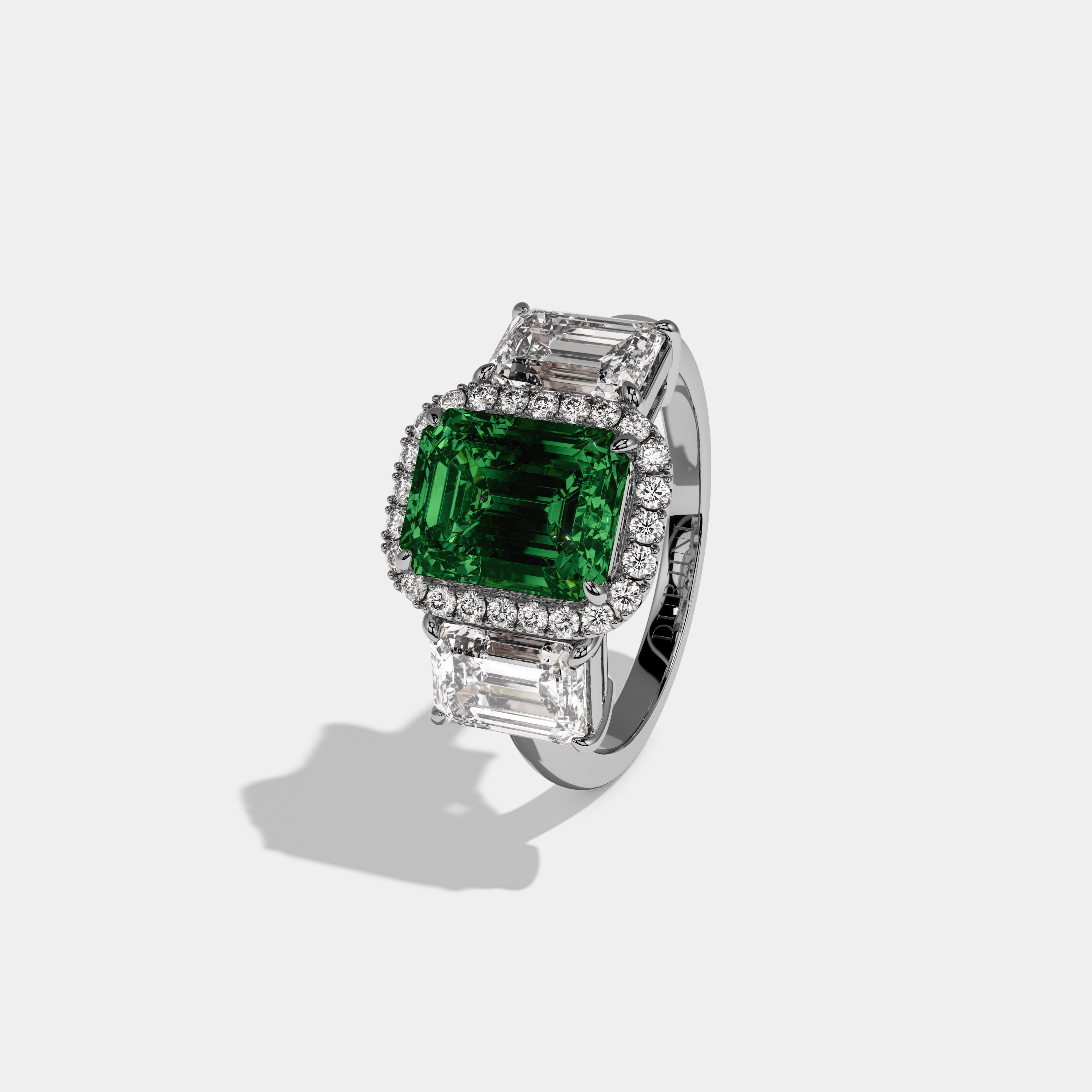 Charlotte Fancy Dark Green Emerald Cut Diamond Plain Band With Emerald Cut Sides Engagement Ring 8ct 18K White Gold