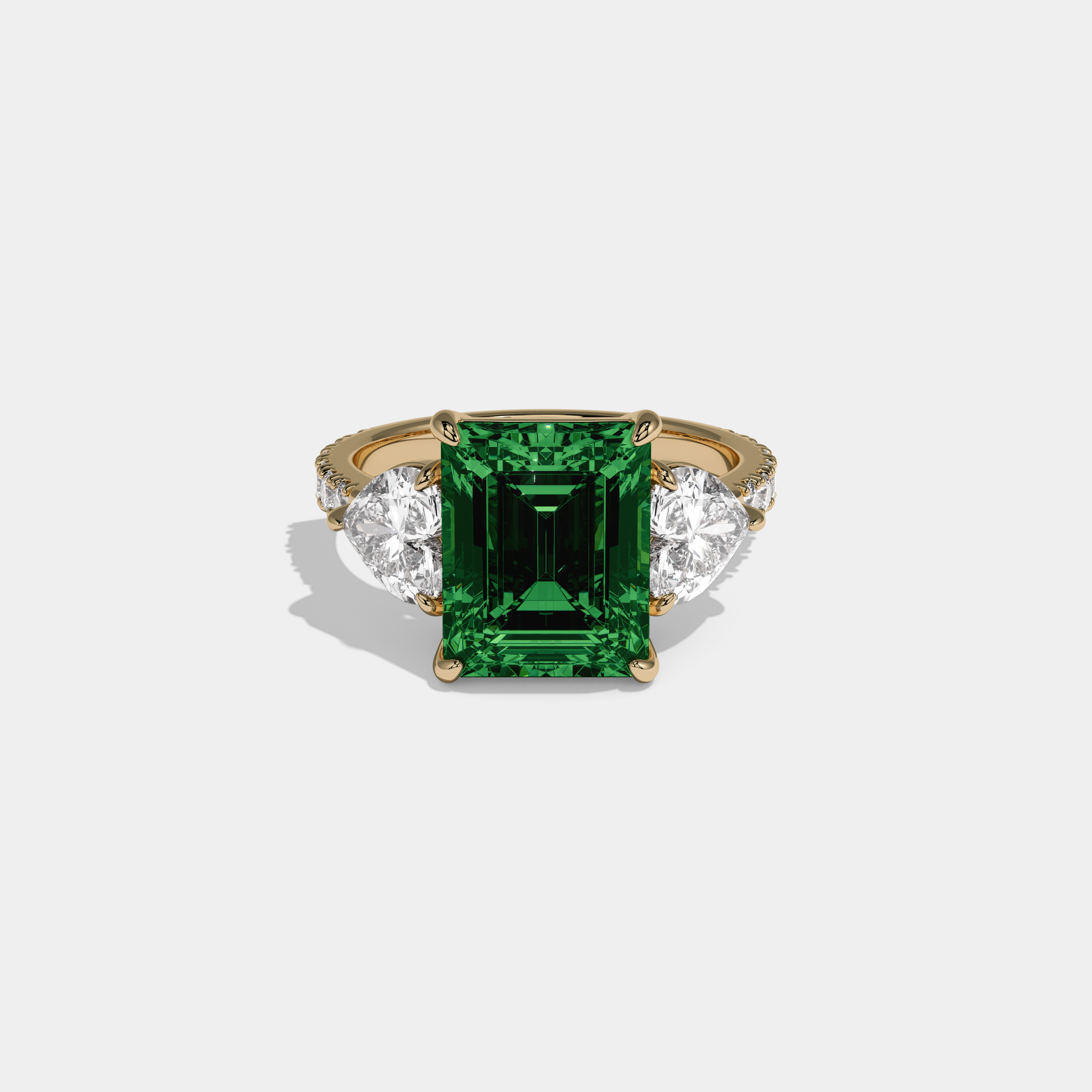 Helena Fancy Dark Green Emerald Cut Diamond Band With Heart Cut Sides Engagement Ring 8ct 18K Yellow Gold