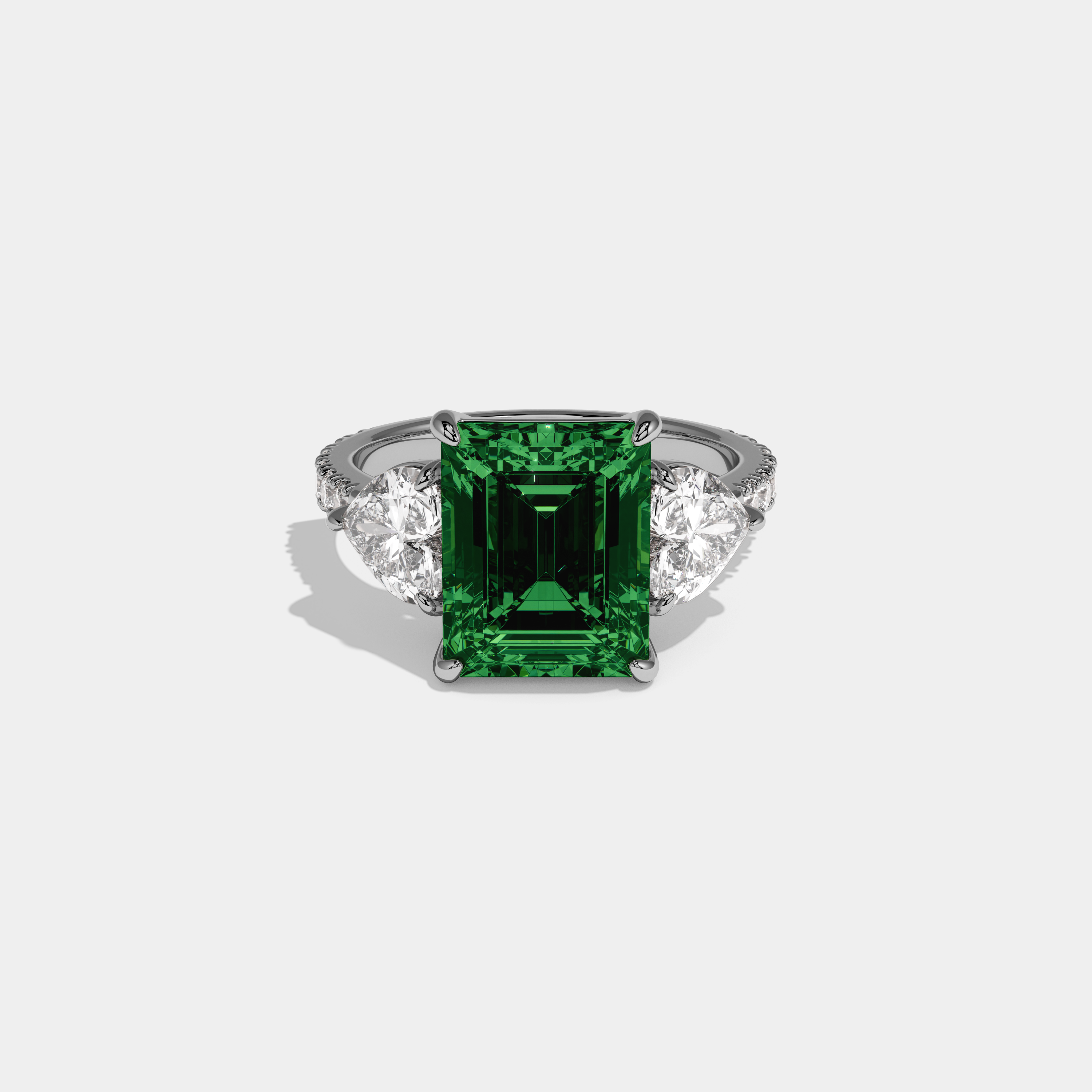 Alexandra Fancy Dark Green Emerald Cut Diamond Band With Heart Cut Sides Engagement Ring 8ct 18K White Gold