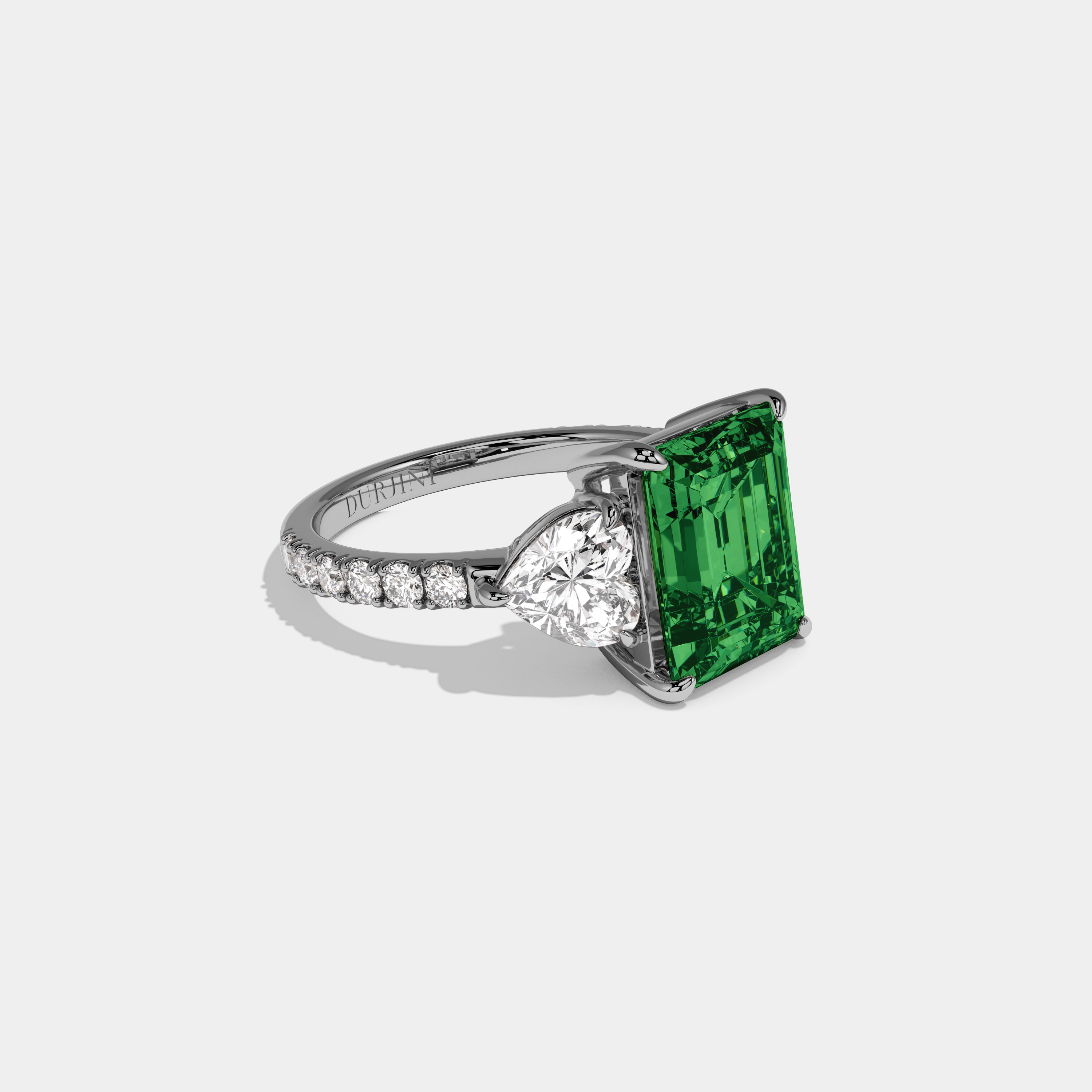 Alexandra Fancy Dark Green Emerald Cut Diamond Band With Heart Cut Sides Engagement Ring 8ct 18K White Gold