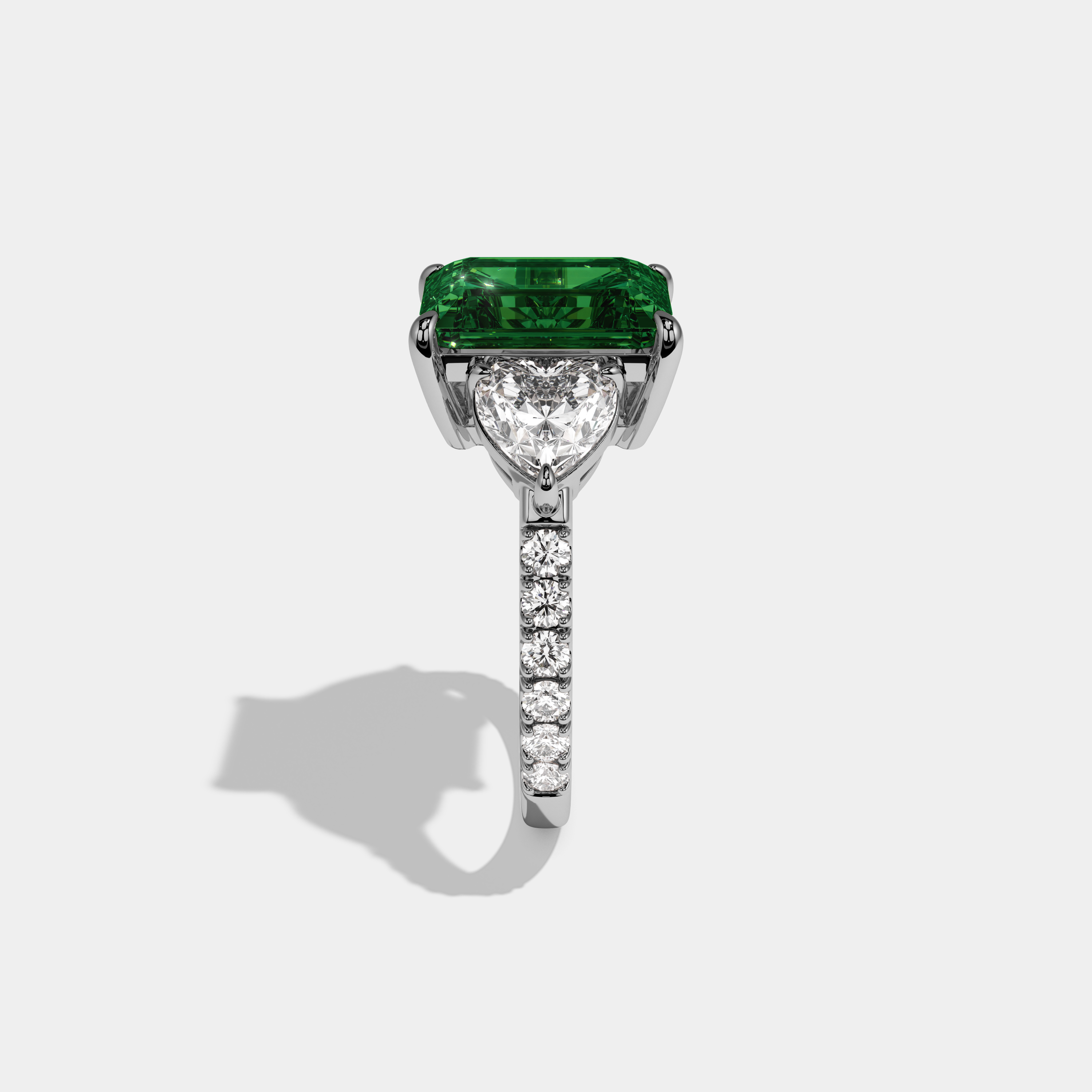 Alexandra Fancy Dark Green Emerald Cut Diamond Band With Heart Cut Sides Engagement Ring 8ct 18K White Gold