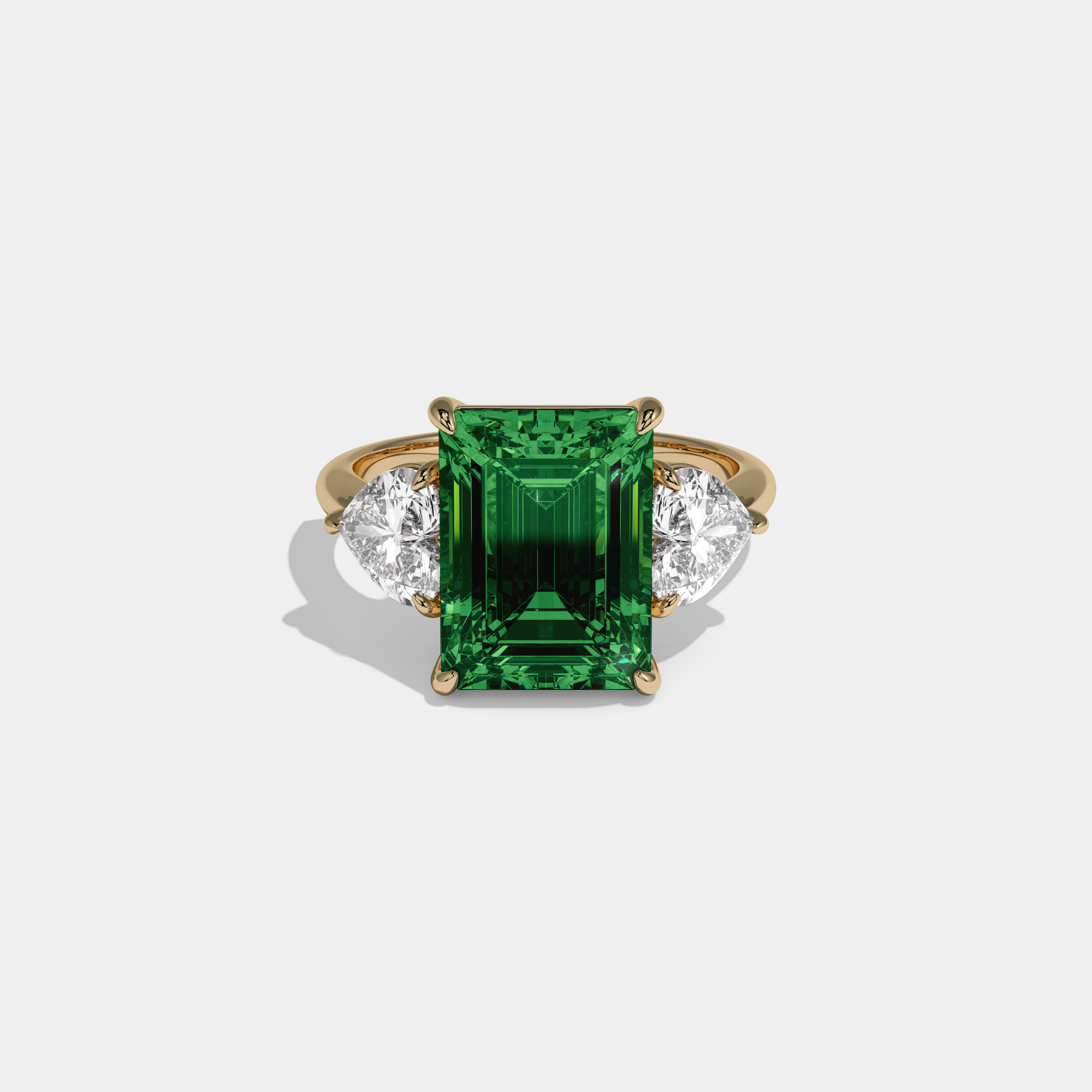 Helena Fancy Dark Green Emerald Cut Diamond Plain Band With Heart Cut Sides Engagement Ring 8ct 18K Yellow Gold
