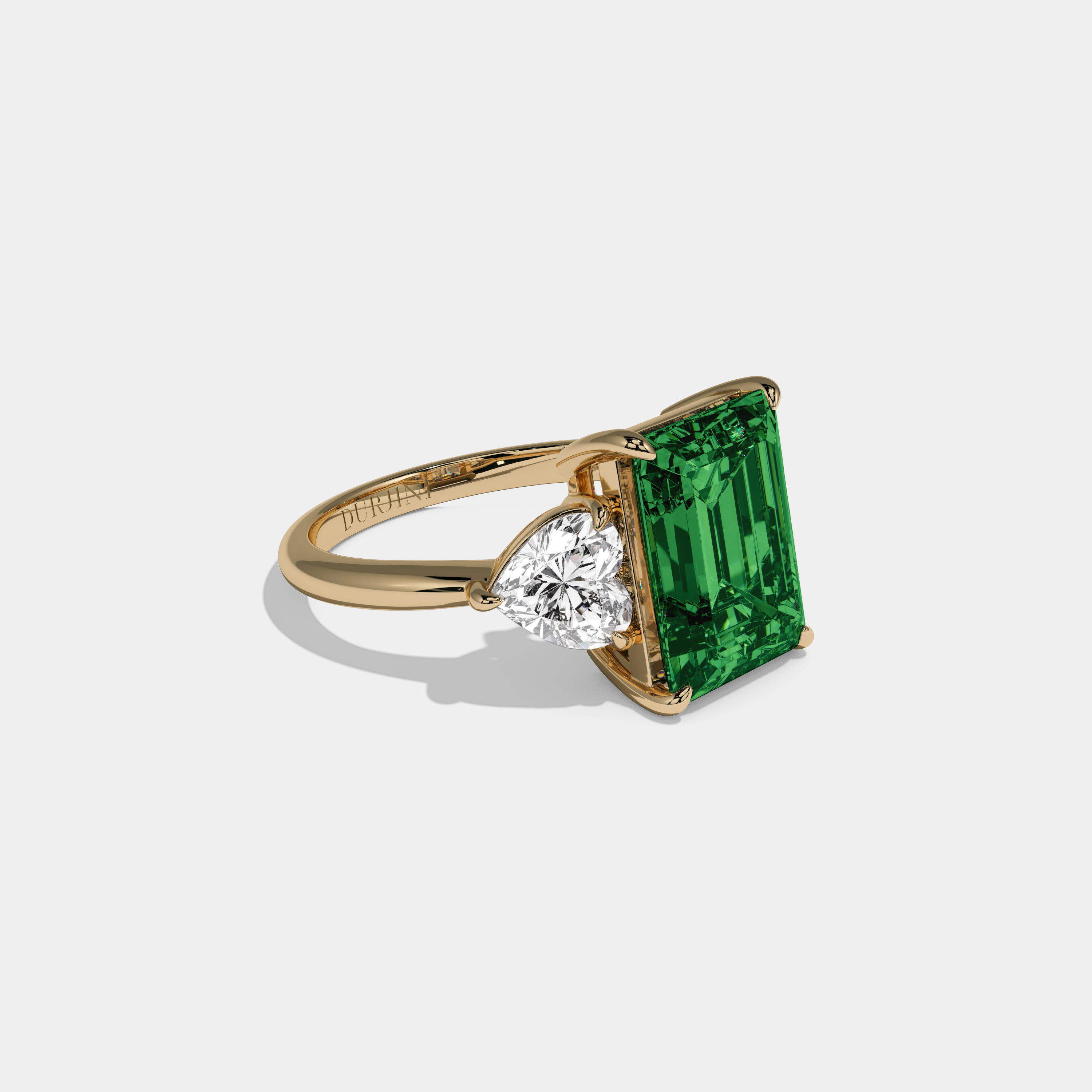 Helena Fancy Dark Green Emerald Cut Diamond Plain Band With Heart Cut Sides Engagement Ring 8ct 18K Yellow Gold