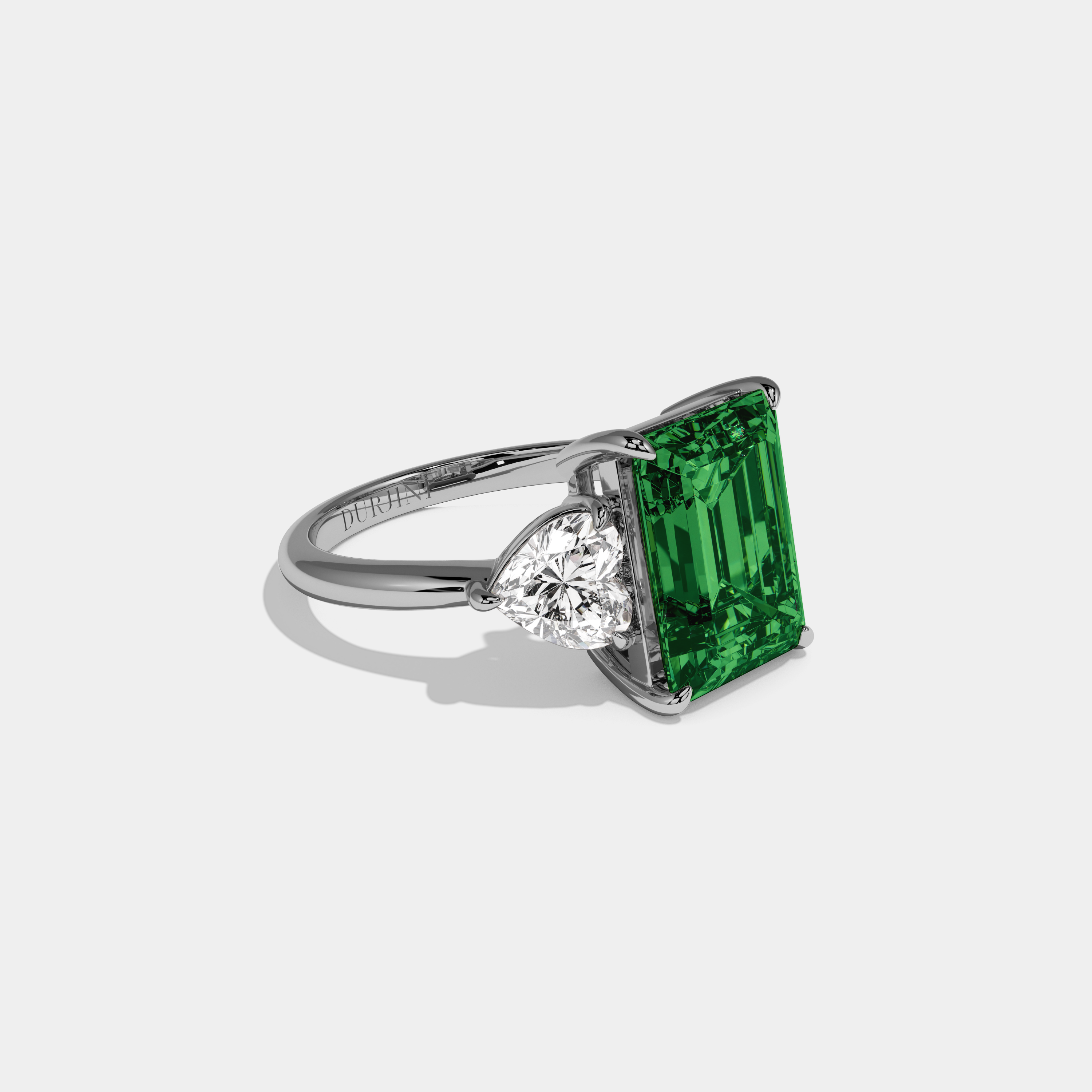 Alexandra Fancy Dark Green Emerald Cut Diamond Plain Band With Heart Cut Sides Engagement Ring 8ct 18K White Gold