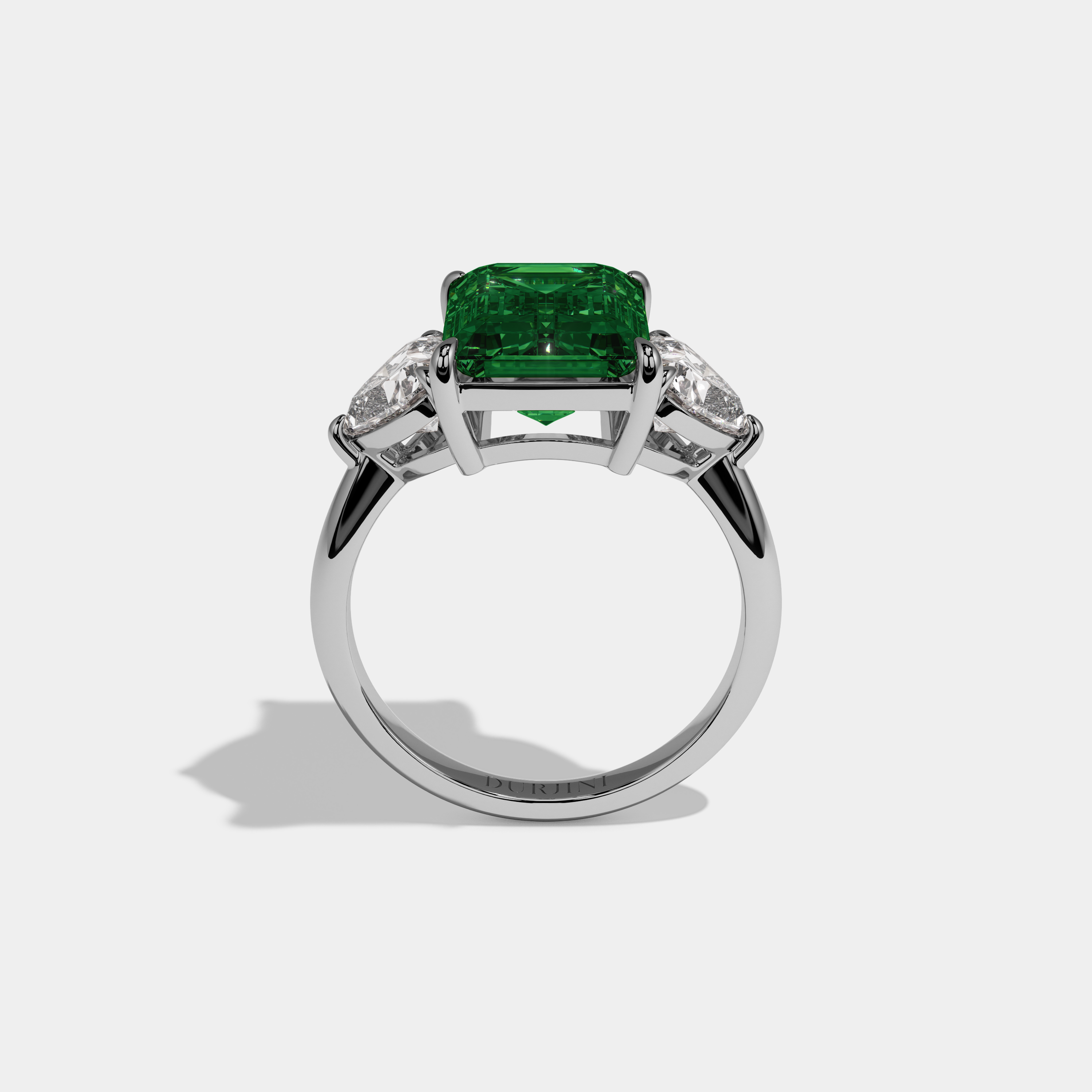 Alexandra Fancy Dark Green Emerald Cut Diamond Plain Band With Heart Cut Sides Engagement Ring 8ct 18K White Gold