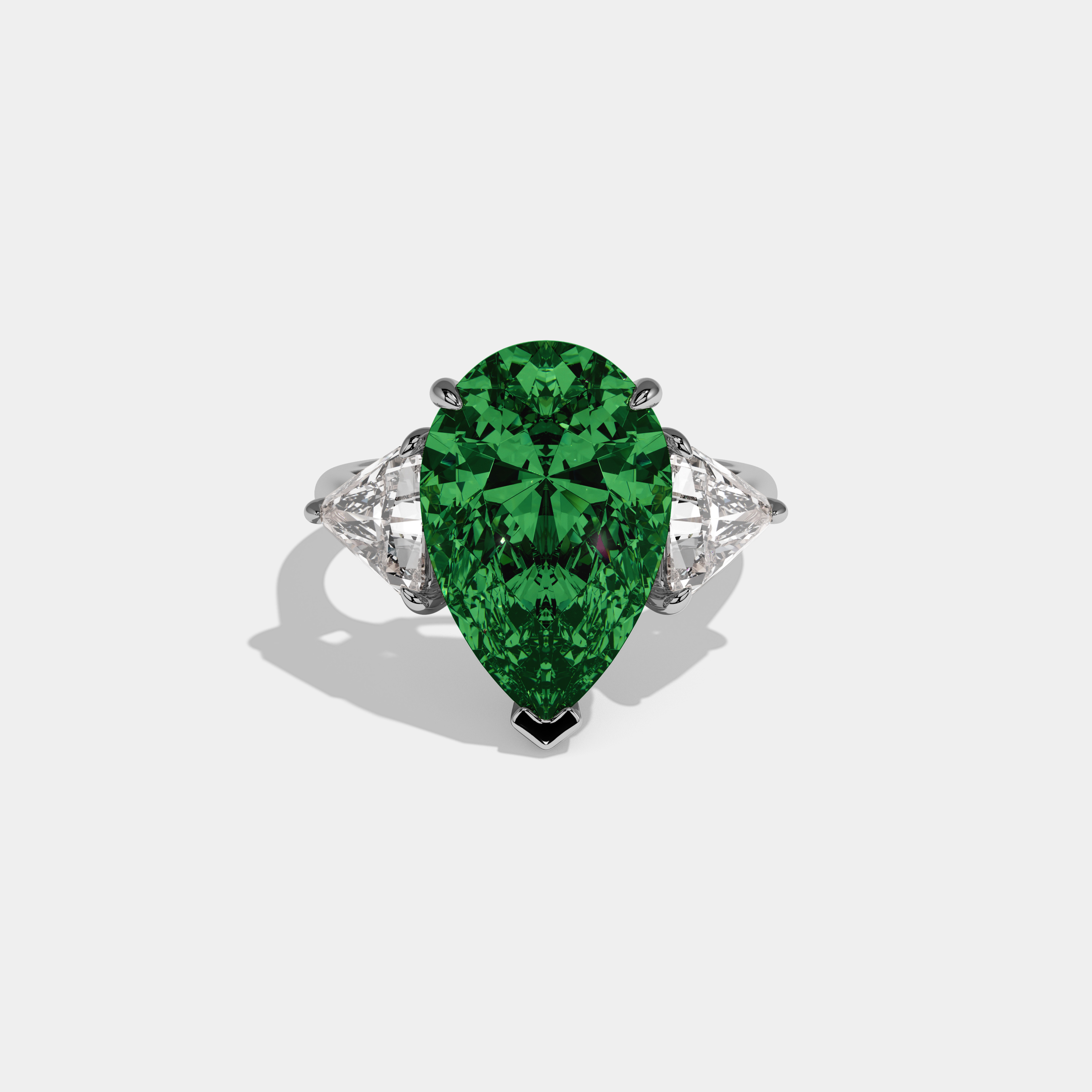 Charlotte Fancy Dark Green Pear Cut Diamond Plain Band With Triangle Cut Sides Engagement Ring 8ct 18K White Gold