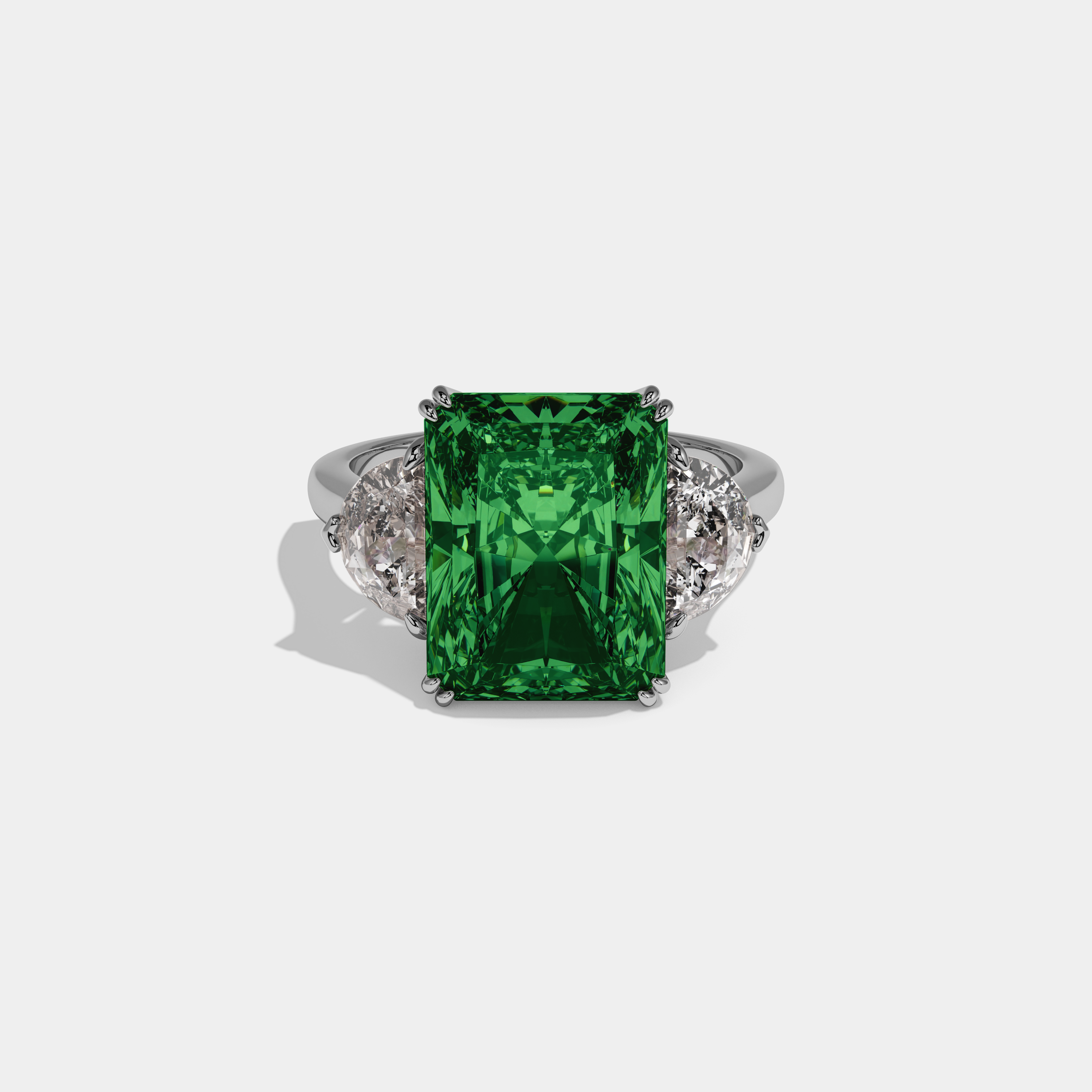 Alexandra Fancy Dark Green Radiant Cut Diamond Plain Band With Half Moon Sides Engagement Ring 8ct 18K White Gold