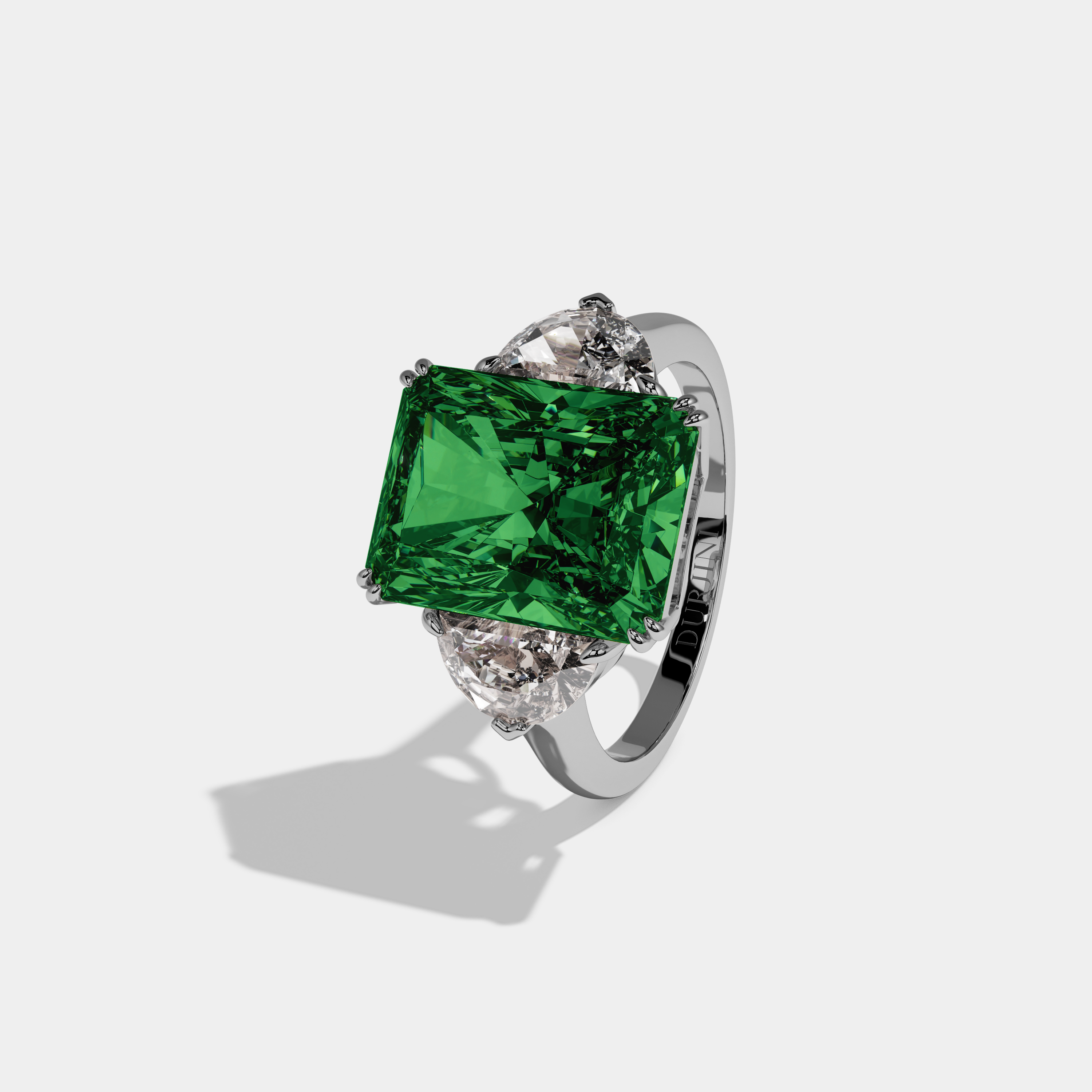 Alexandra Fancy Dark Green Radiant Cut Diamond Plain Band With Half Moon Sides Engagement Ring 8ct 18K White Gold
