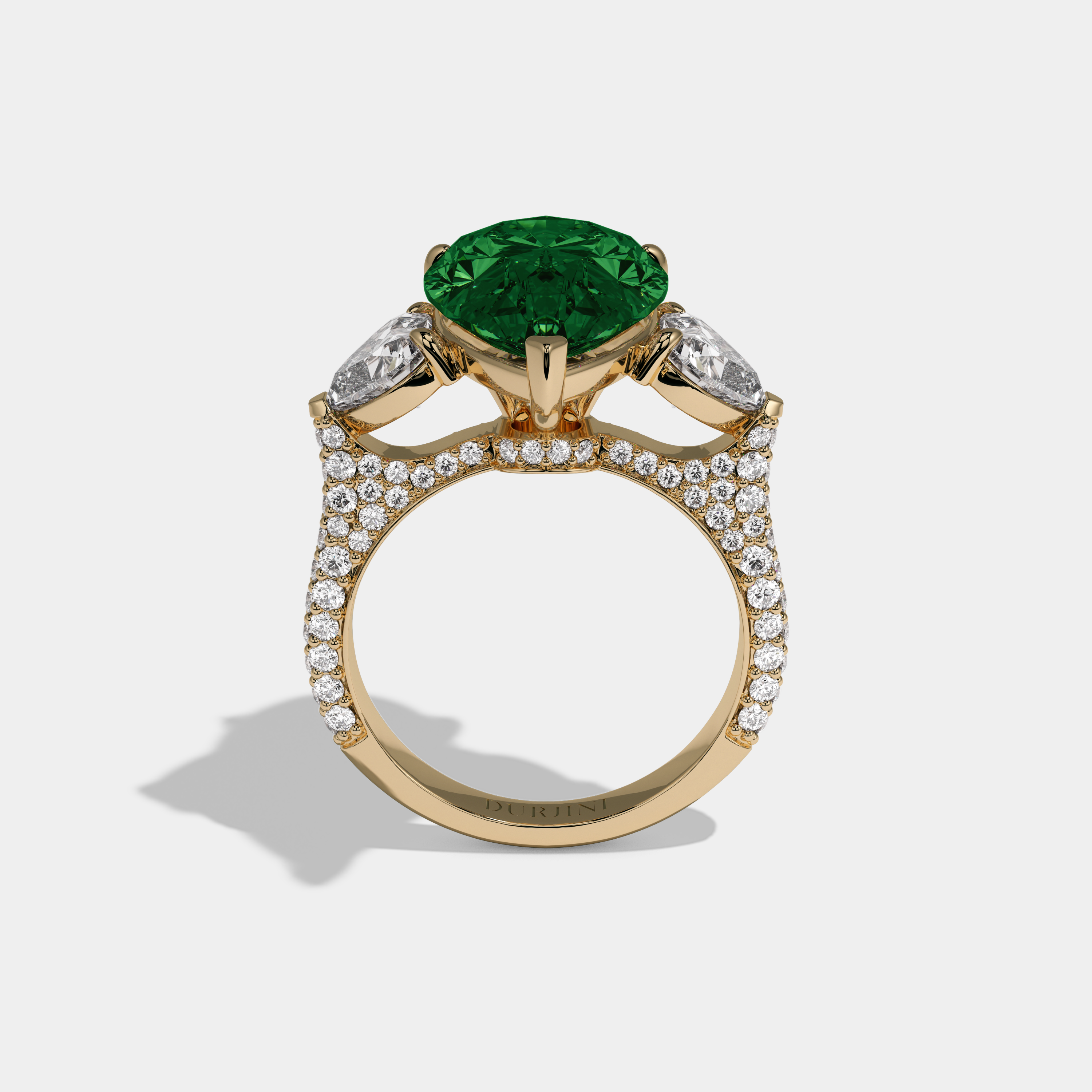 Adelaide Fancy Dark Green Pear Cut Diamond Band With Heart Cut Sides Engagement Ring 9ct 18K Yellow Gold