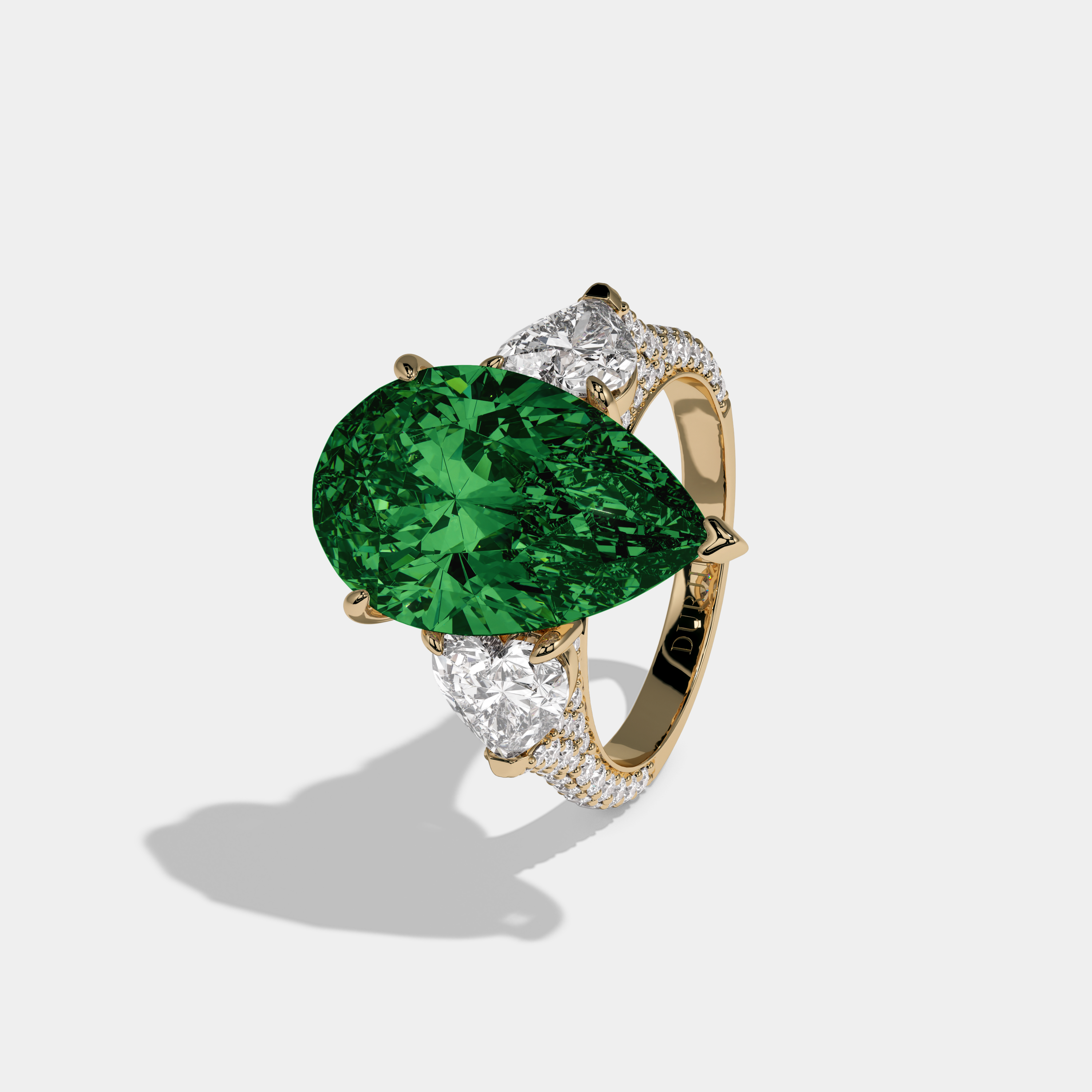 Adelaide Fancy Dark Green Pear Cut Diamond Band With Heart Cut Sides Engagement Ring 9ct 18K Yellow Gold