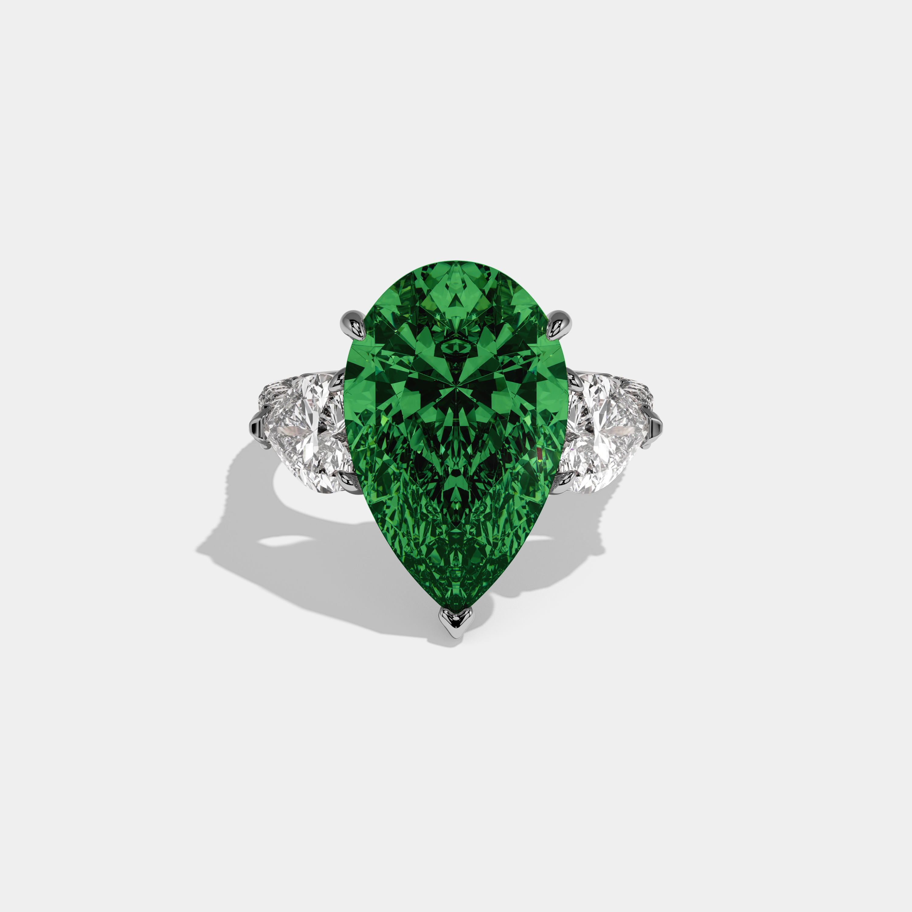 Eugenie Fancy Dark Green Pear Cut Diamond Band With Heart Cut Sides Engagement Ring 9ct 18K White Gold