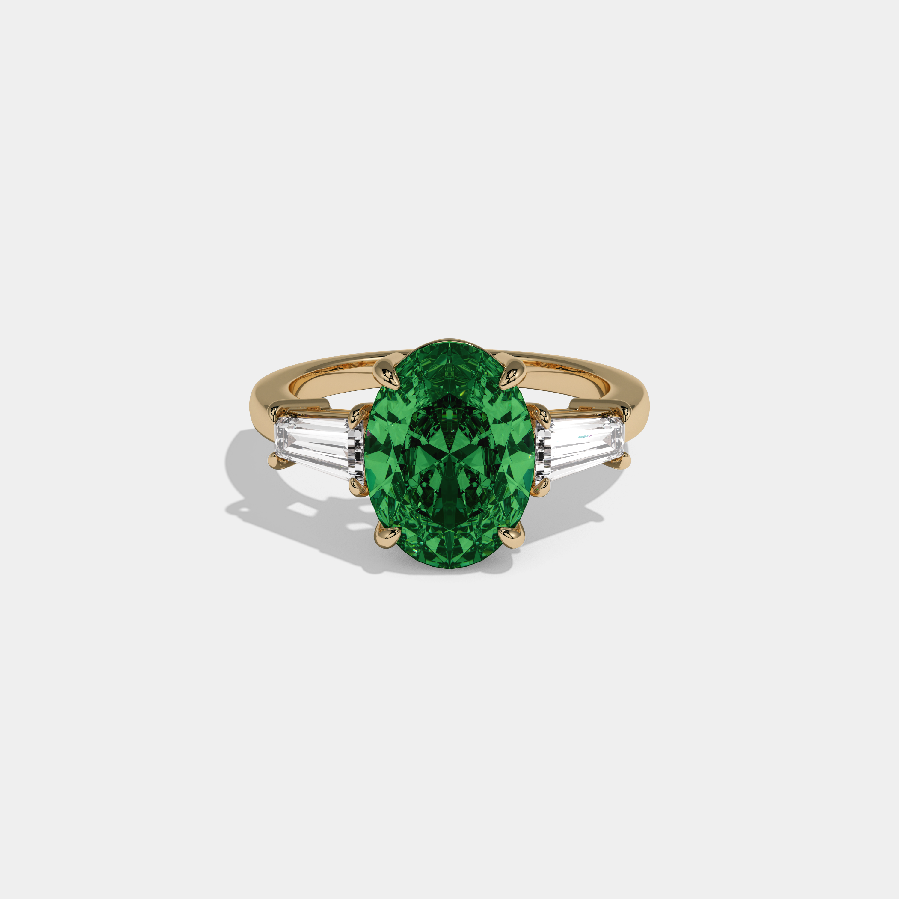 Helena Fancy Dark Green Oval Cut Diamond Plain Band Engagement Ring With Baguette Cut Sides 6ct 18K Yellow Gold