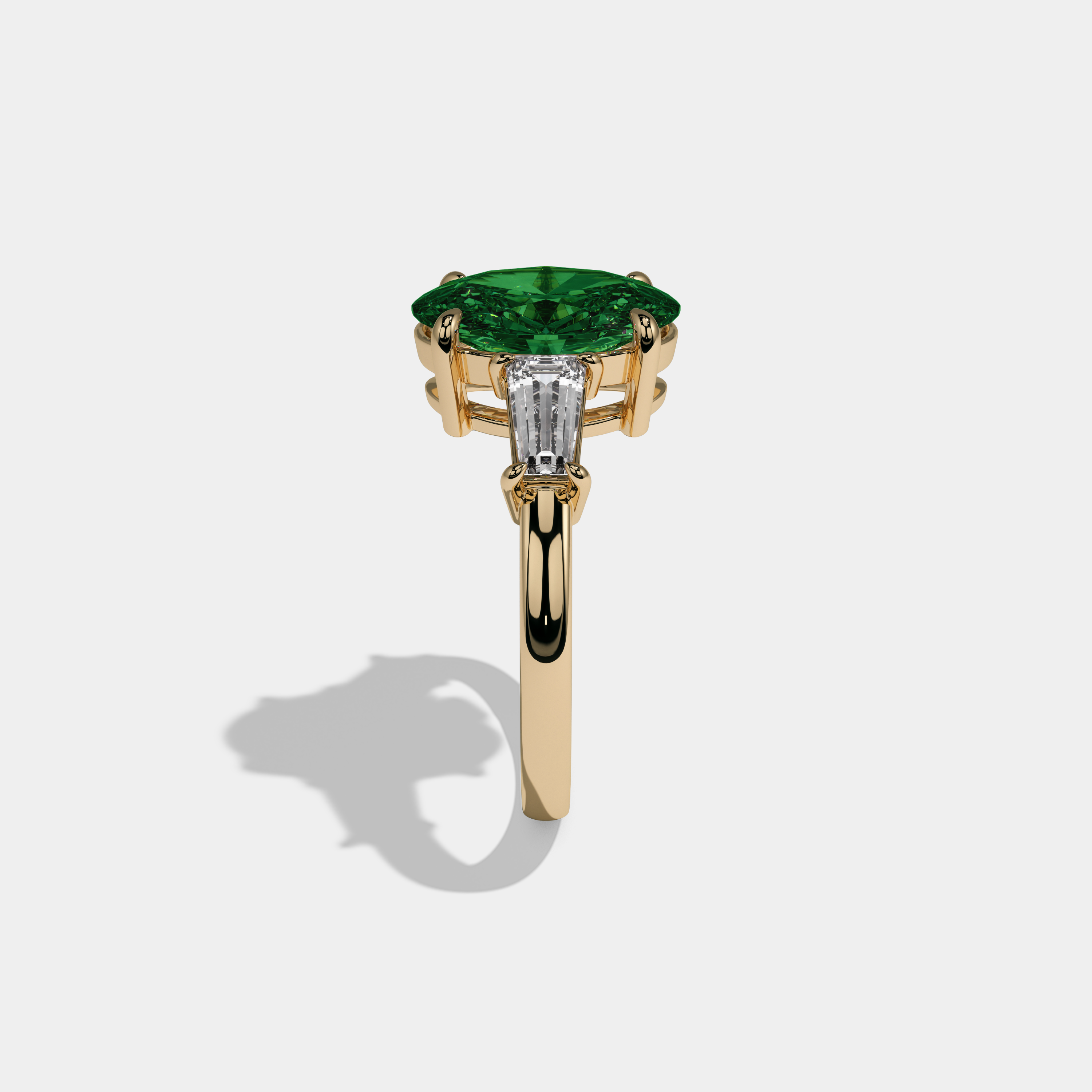Helena Fancy Dark Green Oval Cut Diamond Plain Band Engagement Ring With Baguette Cut Sides 6ct 18K Yellow Gold