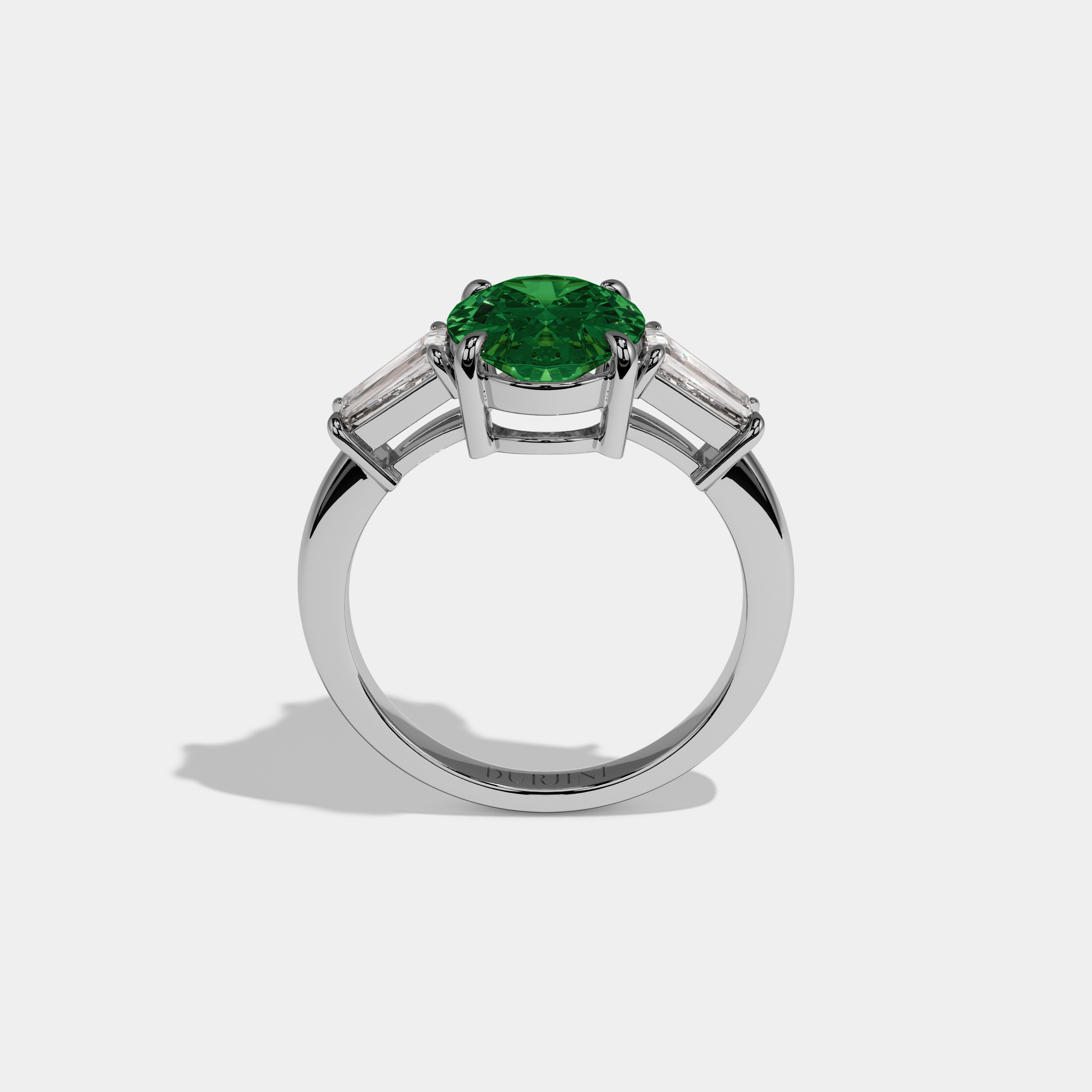 Alexandra Fancy Dark Green Oval Cut Diamond Plain Band Engagement Ring With Baguette Cut Sides 6ct 18K White Gold