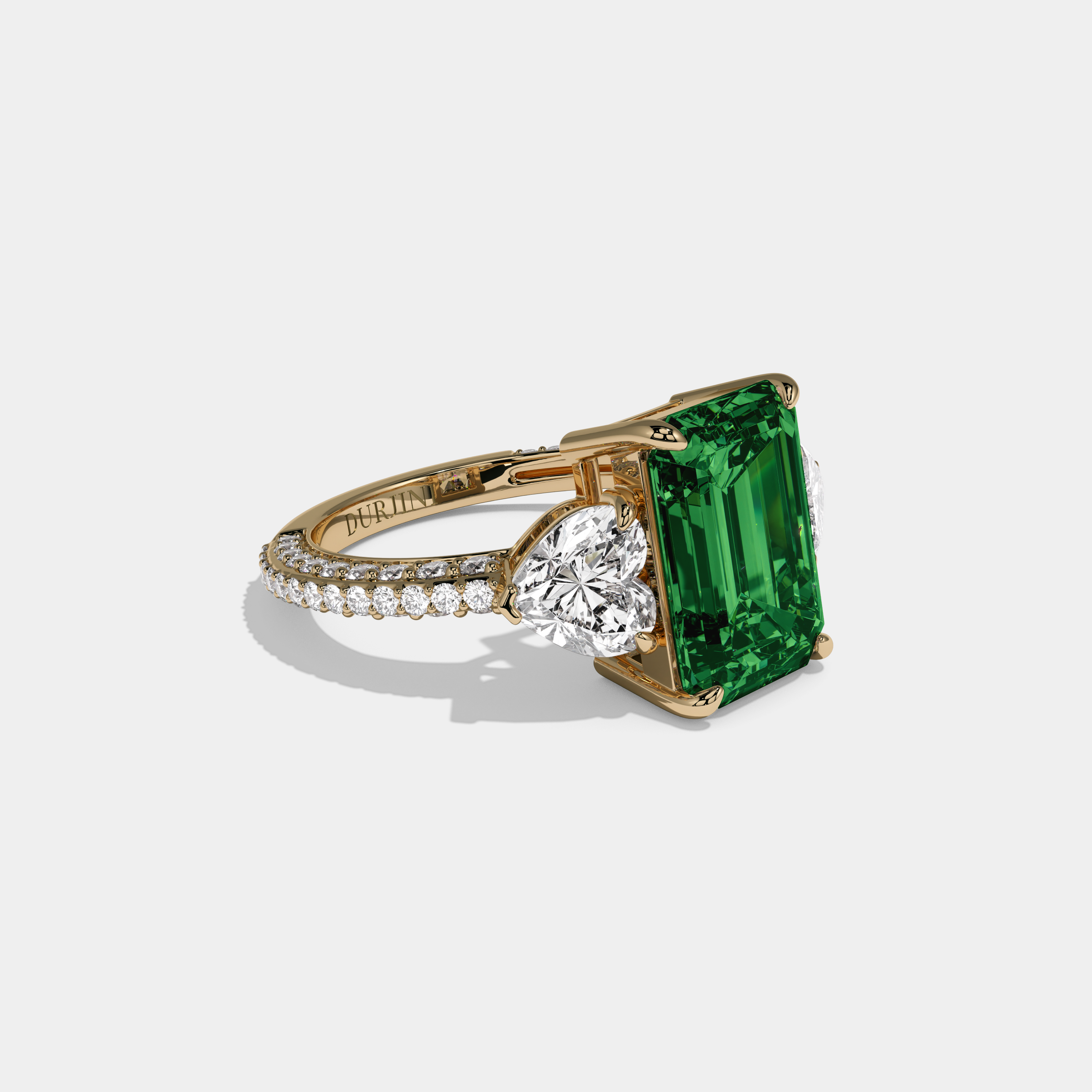 Helena Fancy Dark Green Emerald Cut Diamond Band With Heart Cut Sides Engagement Ring 8ct 18K Yellow Gold
