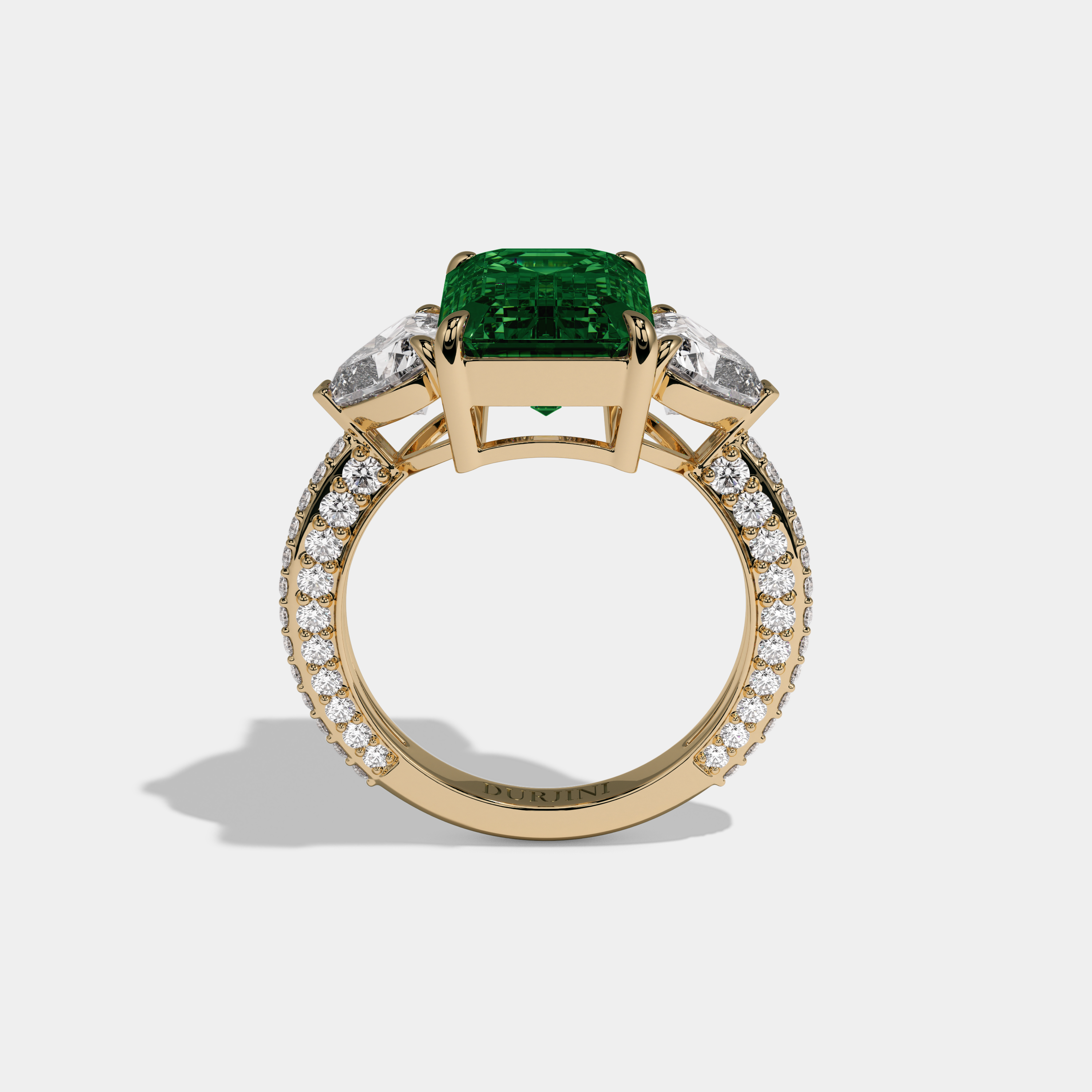 Helena Fancy Dark Green Emerald Cut Diamond Band With Heart Cut Sides Engagement Ring 8ct 18K Yellow Gold