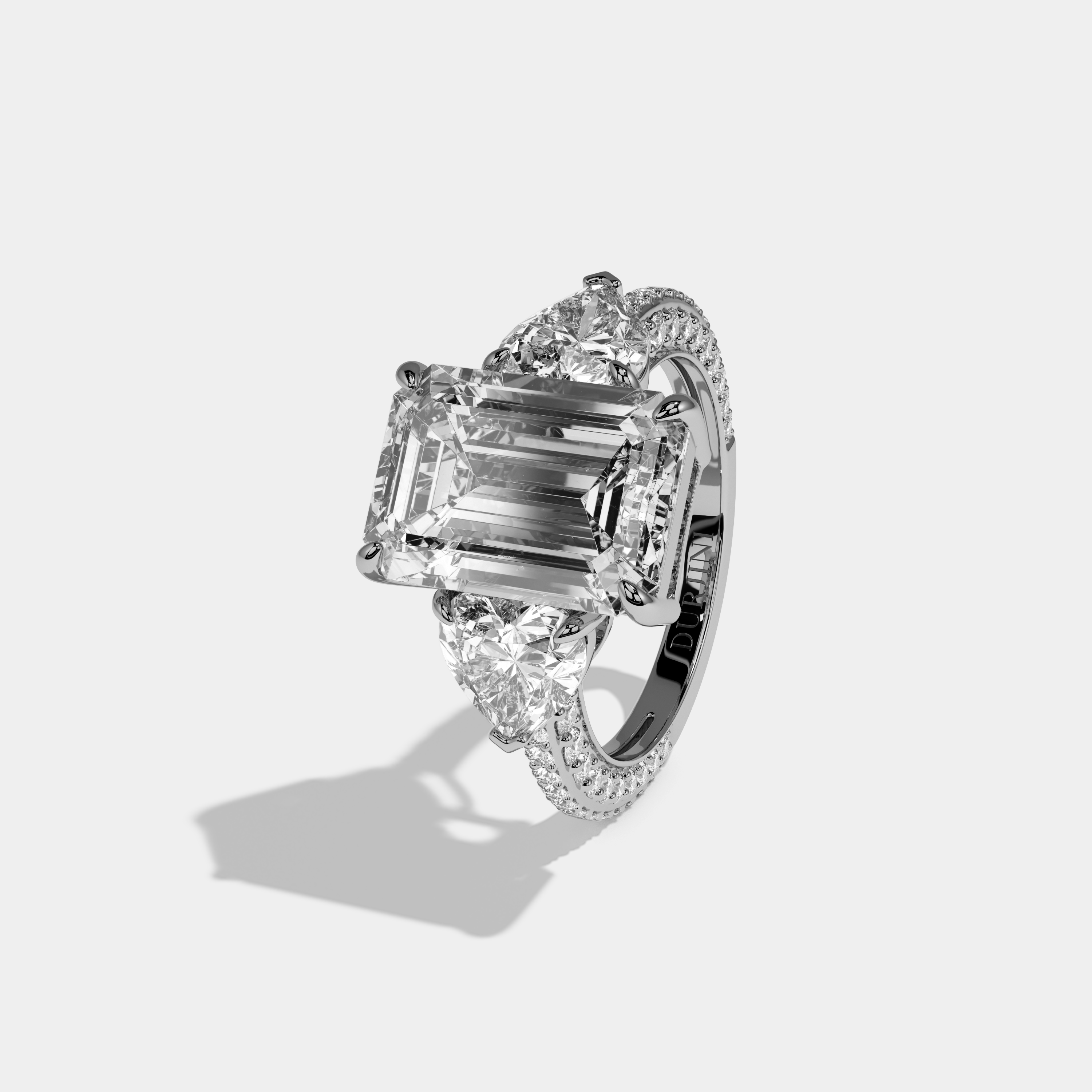 Violetta Emerald Cut Diamond Halo Band With Twin Heart Sides Engagement Ring 10ct 18k White Gold