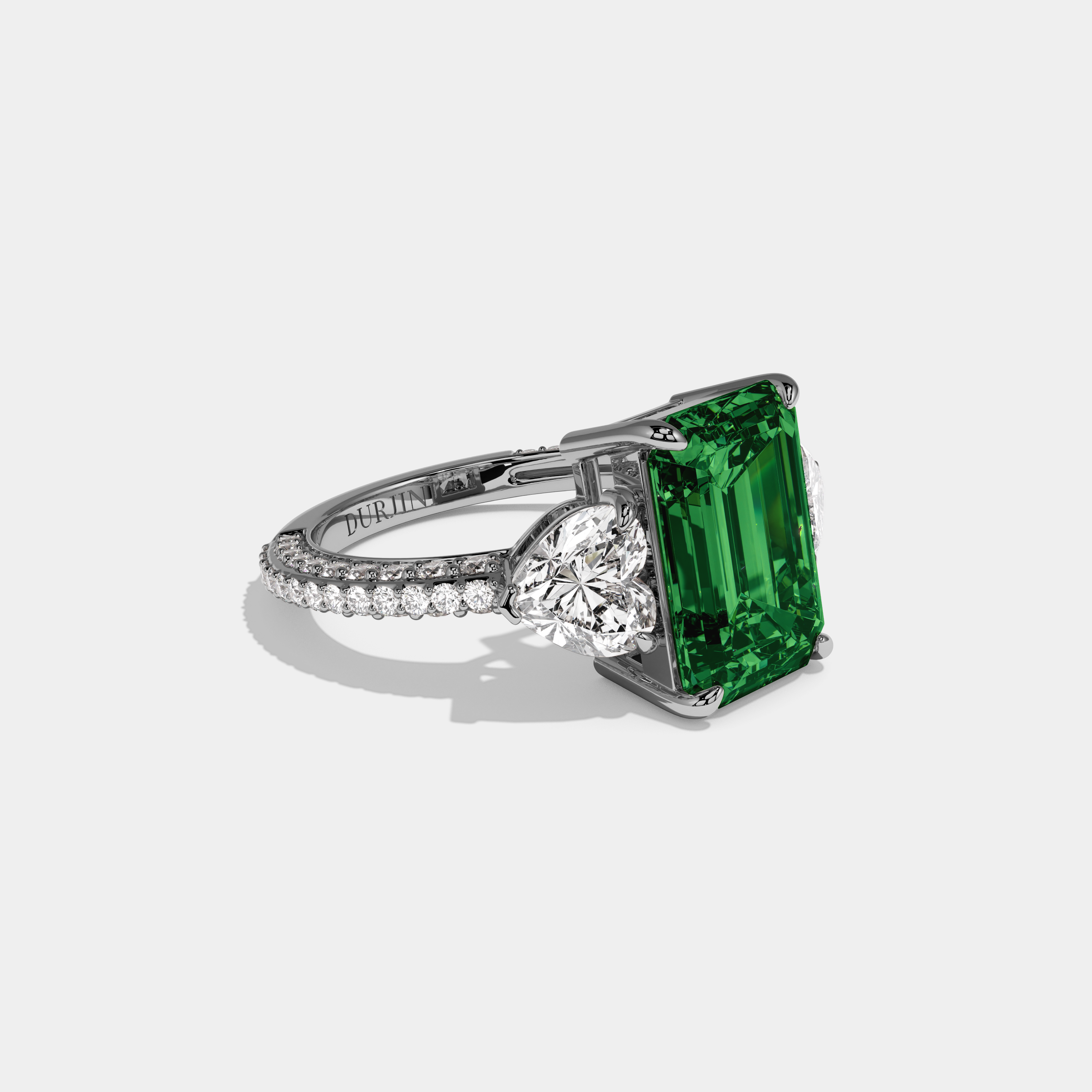 Alexandra Fancy Dark Green Emerald Cut Diamond Band With Heart Cut Sides Engagement Ring 8ct 18K White Gold