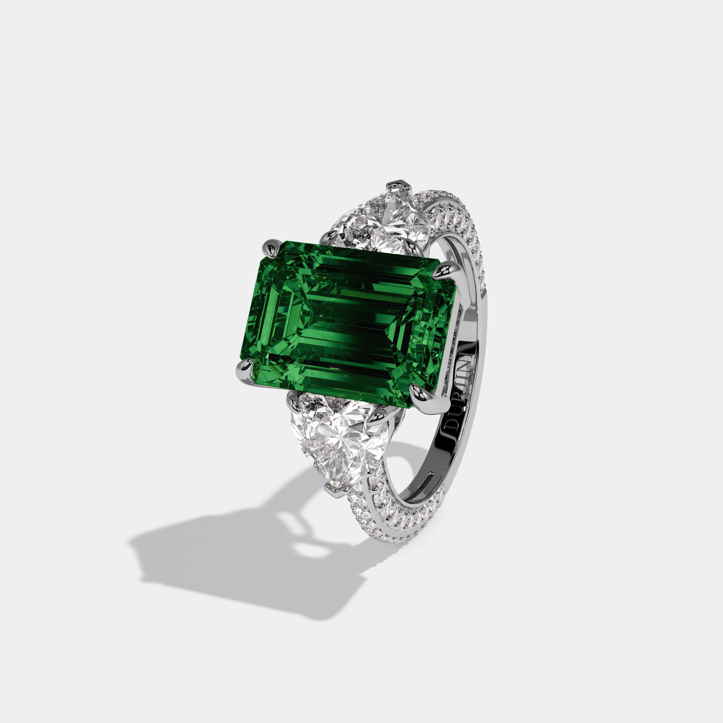 Alexandra Fancy Dark Green Emerald Cut Diamond Band With Heart Cut Sides Engagement Ring 8ct 18K White Gold