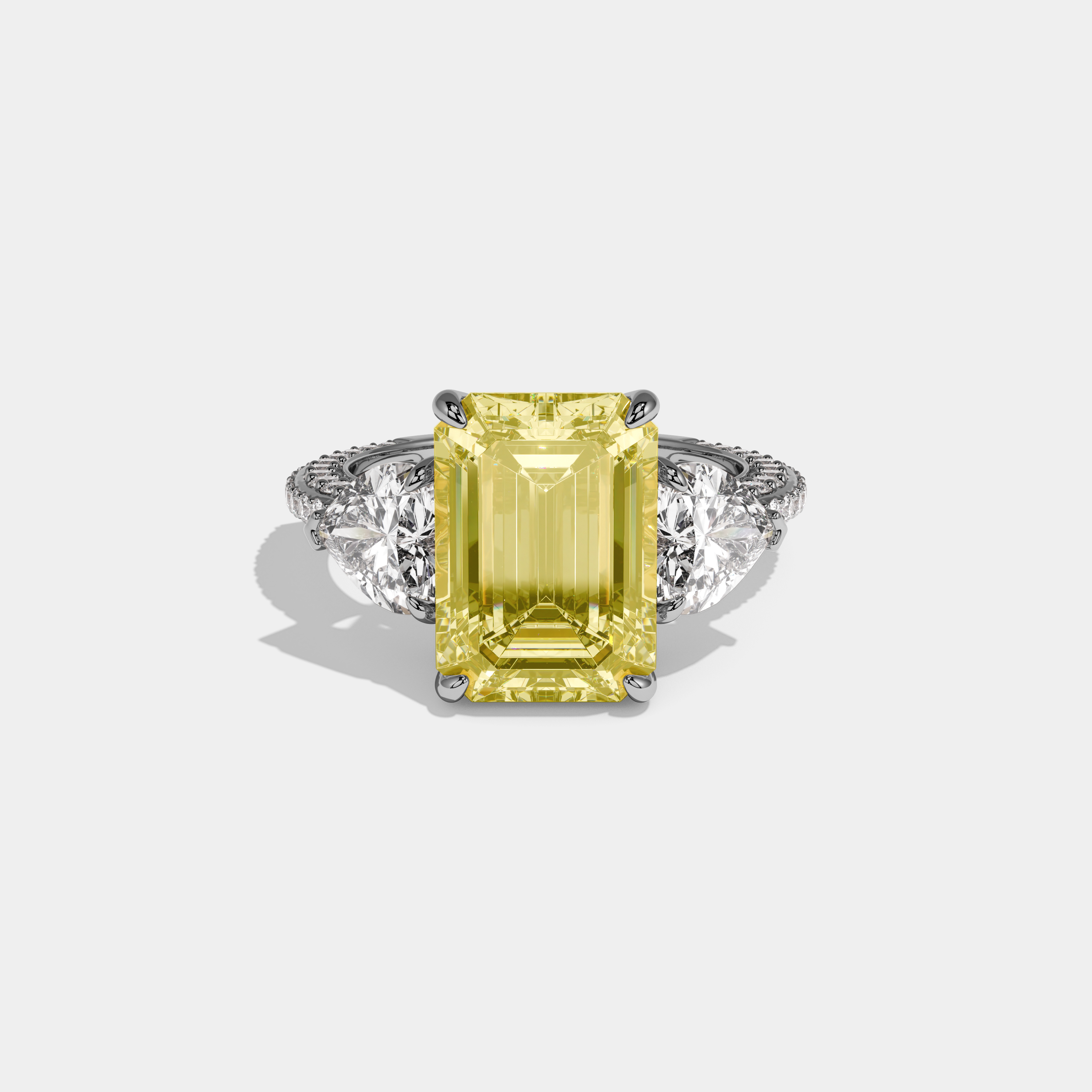 Violetta Fancy Yellow Emerald Cut Diamond Halo Band With Twin Heart Sides Engagement Ring 10ct 18K White Gold