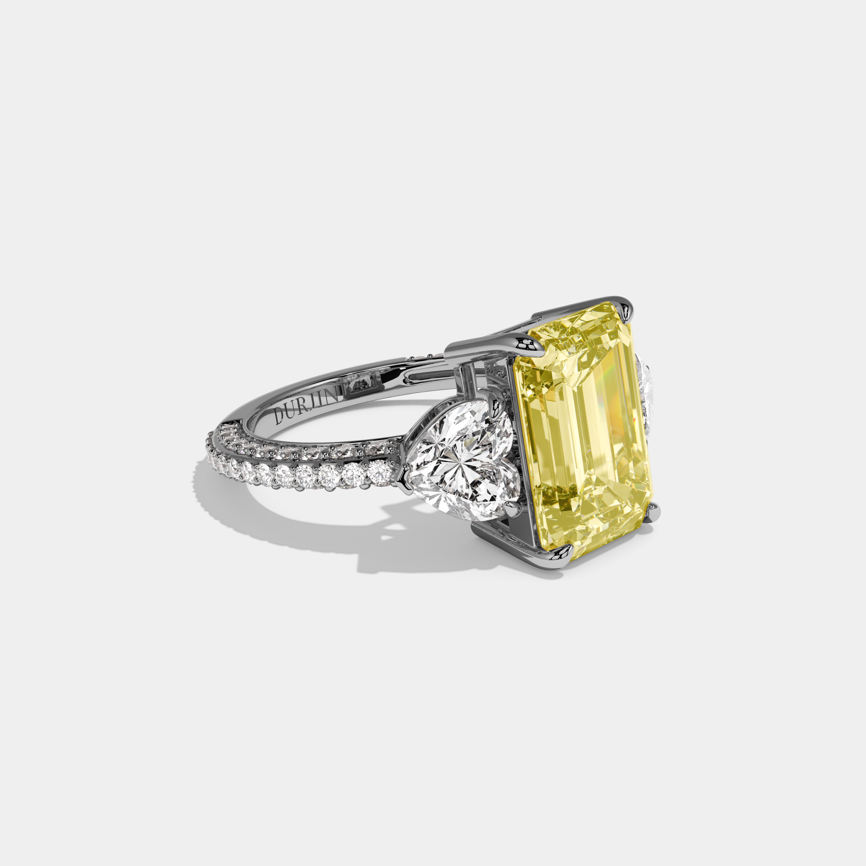 Violetta Fancy Yellow Emerald Cut Diamond Halo Band With Twin Heart Sides Engagement Ring 10ct 18K White Gold