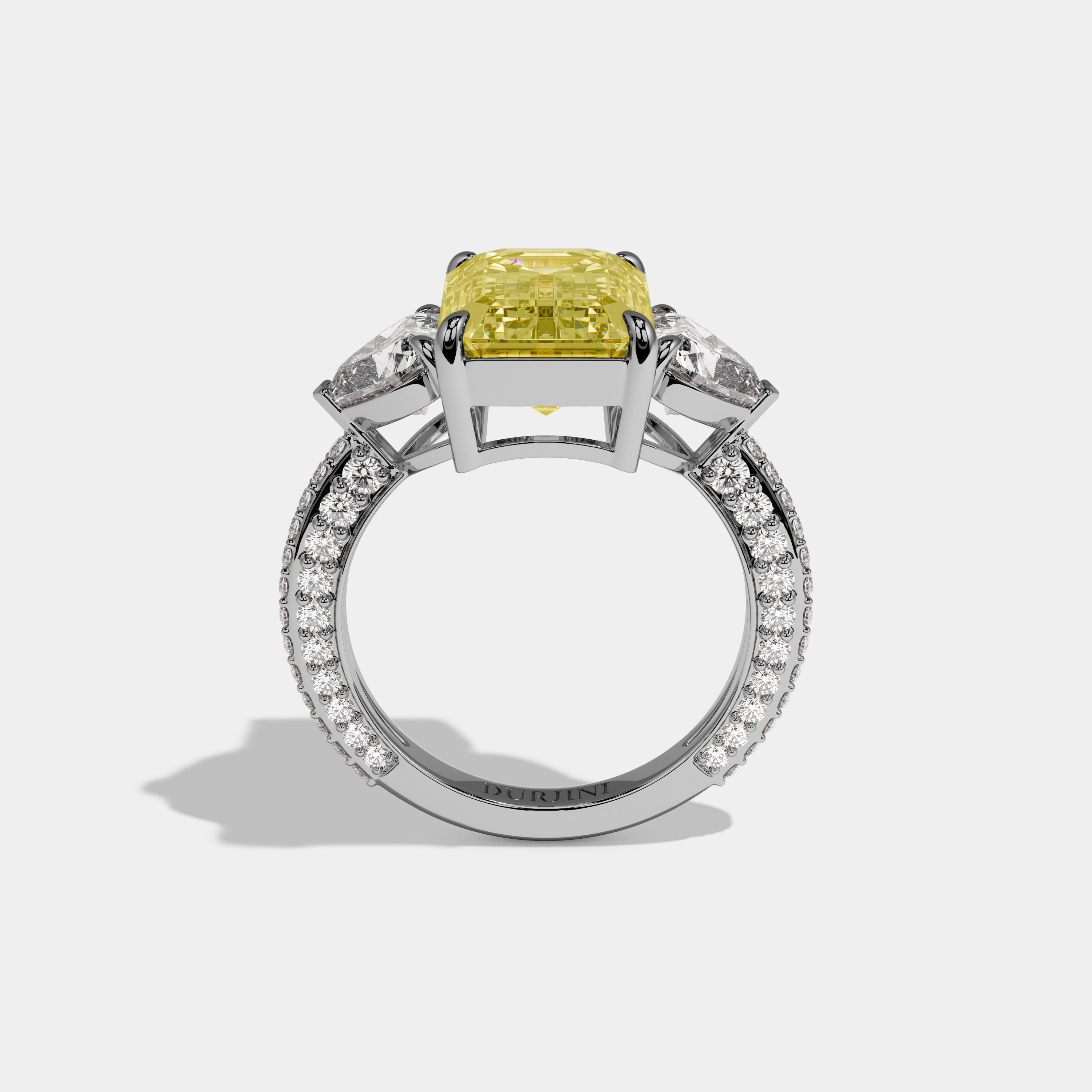 Violetta Fancy Yellow Emerald Cut Diamond Halo Band With Twin Heart Sides Engagement Ring 10ct 18K White Gold