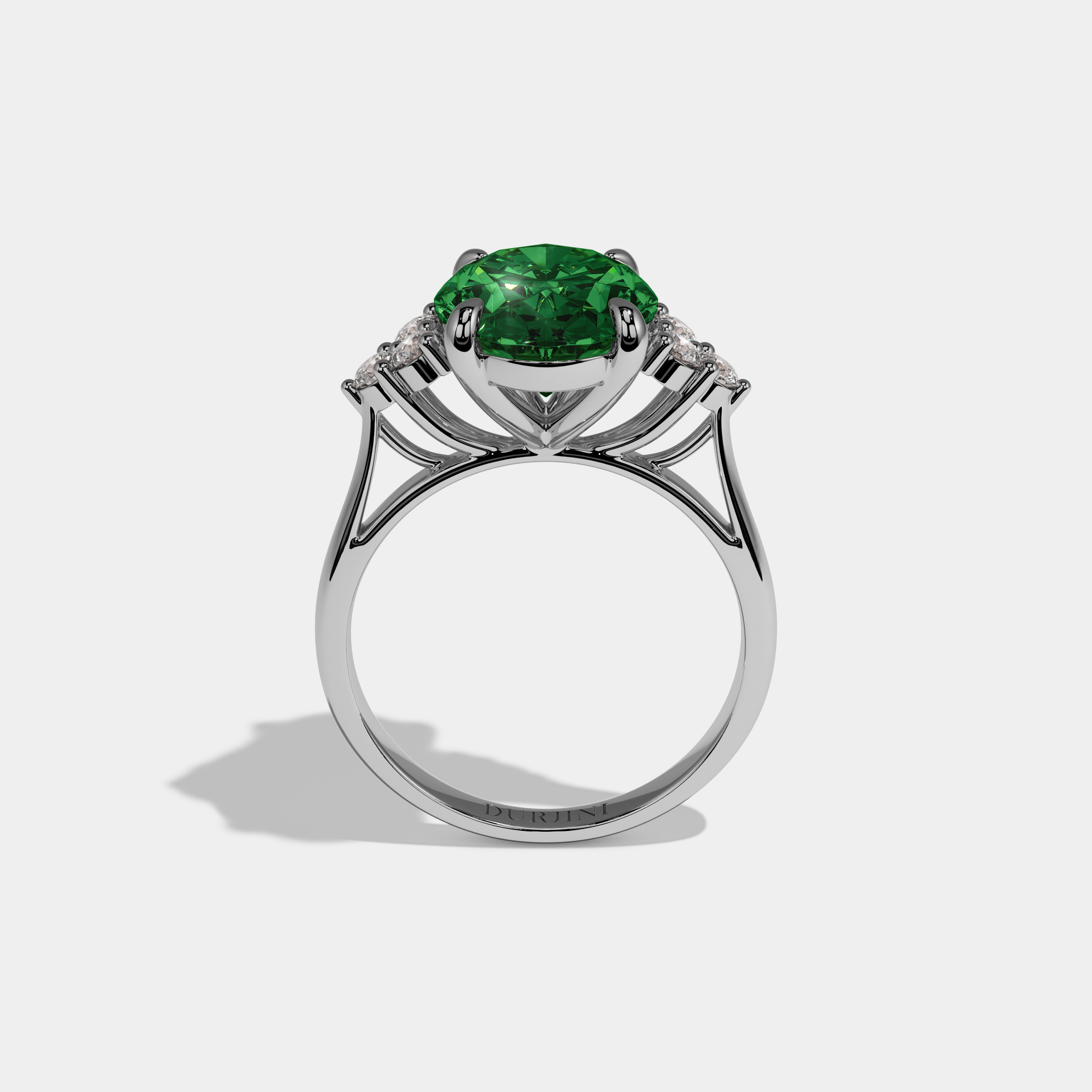 Catherine Fancy Dark Green Oval Cut Diamond Plain Band Engagement Ring With Round Sides 6ct 18K White Gold