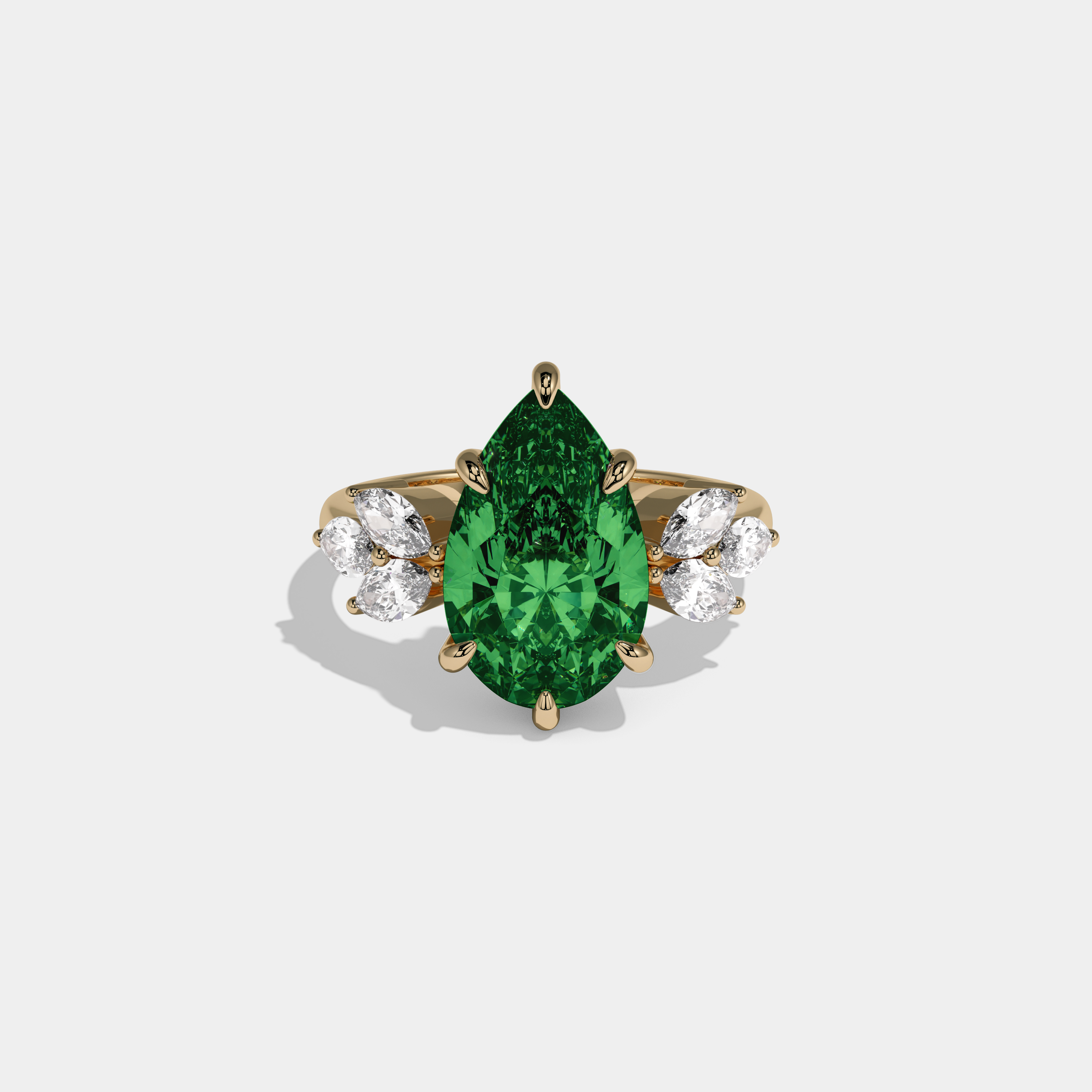 Adelaide Fancy Dark Green Pear Cut Diamond Plain Band With Marquise Cut Sides Engagement Ring 7ct 18K Yellow Gold
