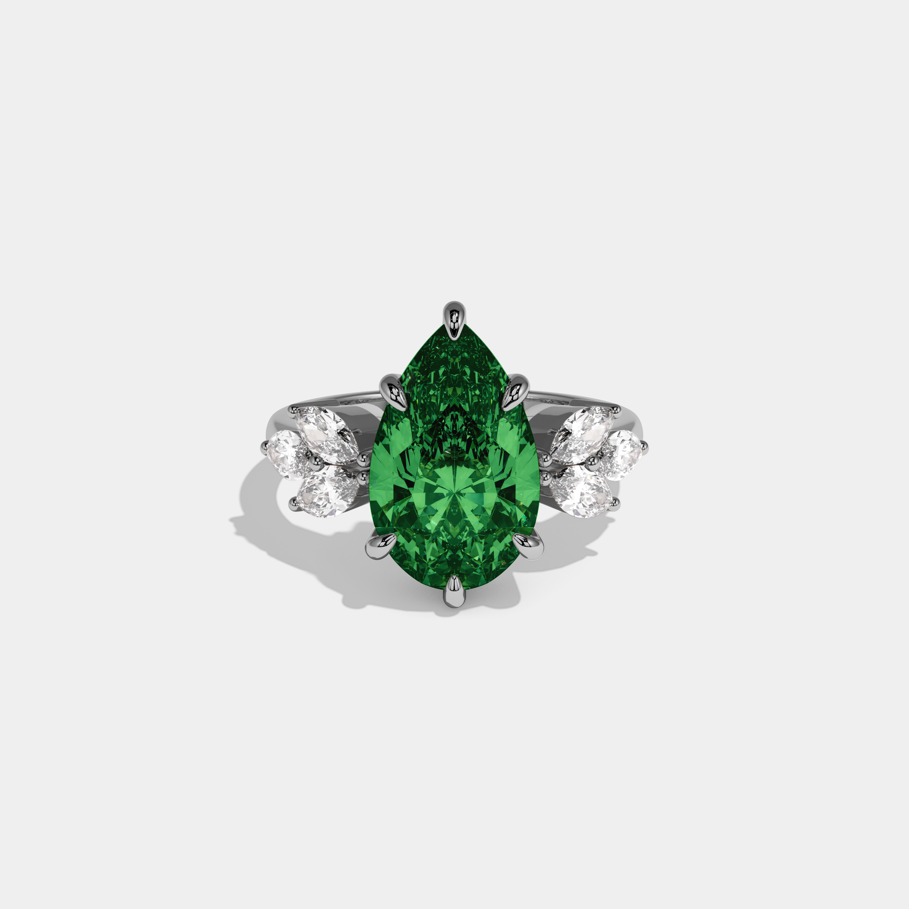 Eugenie Fancy Dark Green Pear Cut Diamond Plain Band With Marquise Cut Sides Engagement Ring 7ct 18K White Gold