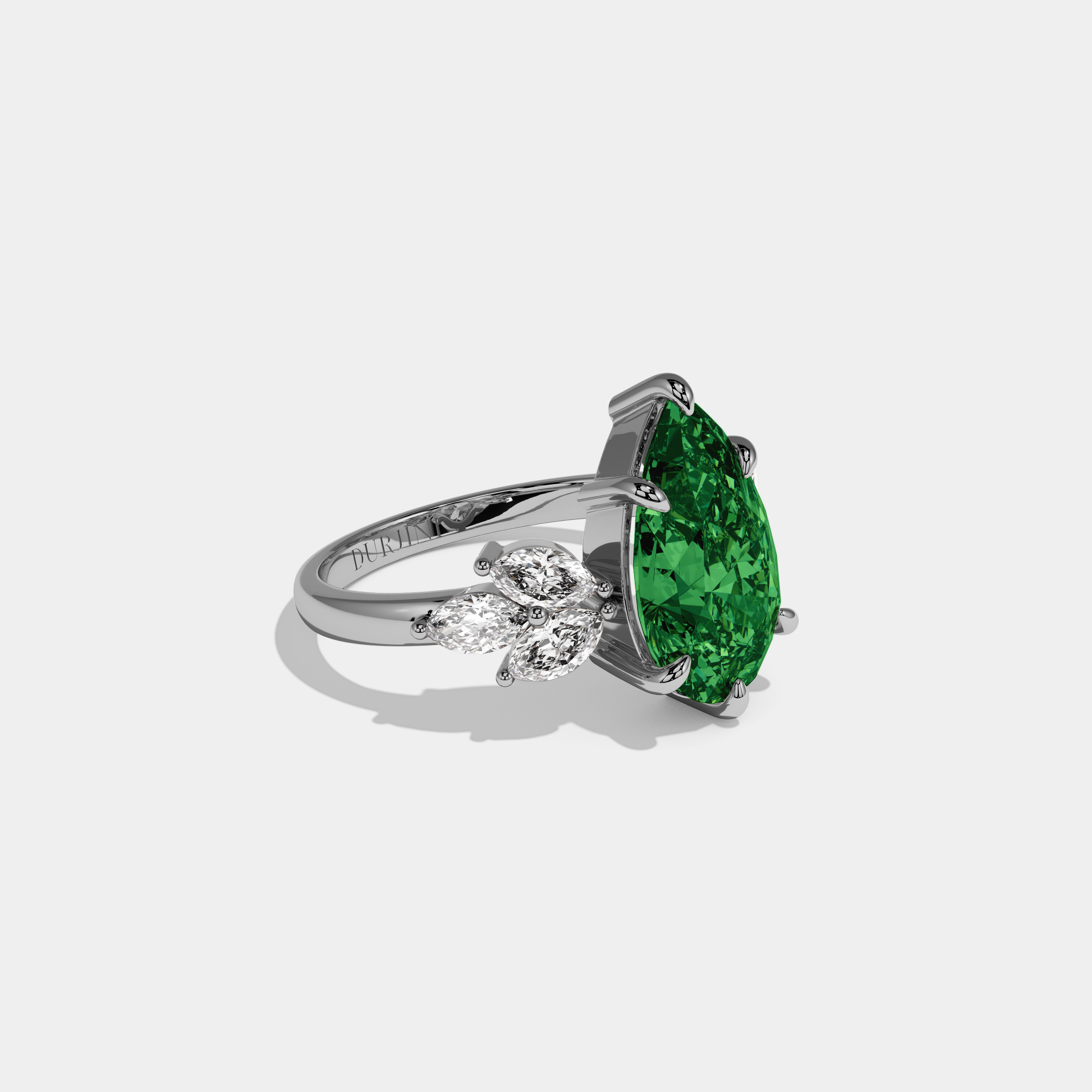Eugenie Fancy Dark Green Pear Cut Diamond Plain Band With Marquise Cut Sides Engagement Ring 7ct 18K White Gold
