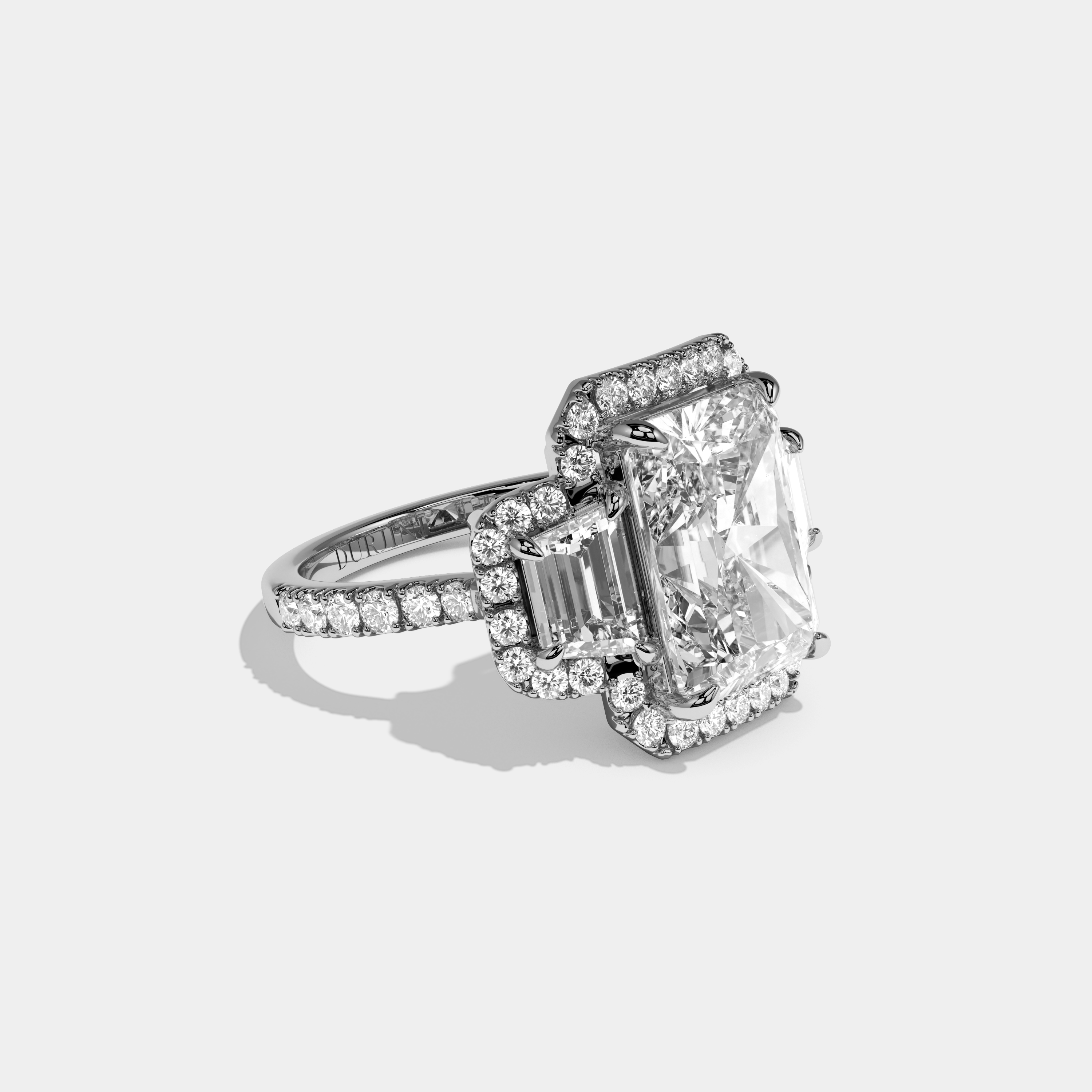 Madison Radiant Cut Diamond Halo With Step Cut Trapezoid Side Diamond Band Engagement Ring 10ct 18K White Gold