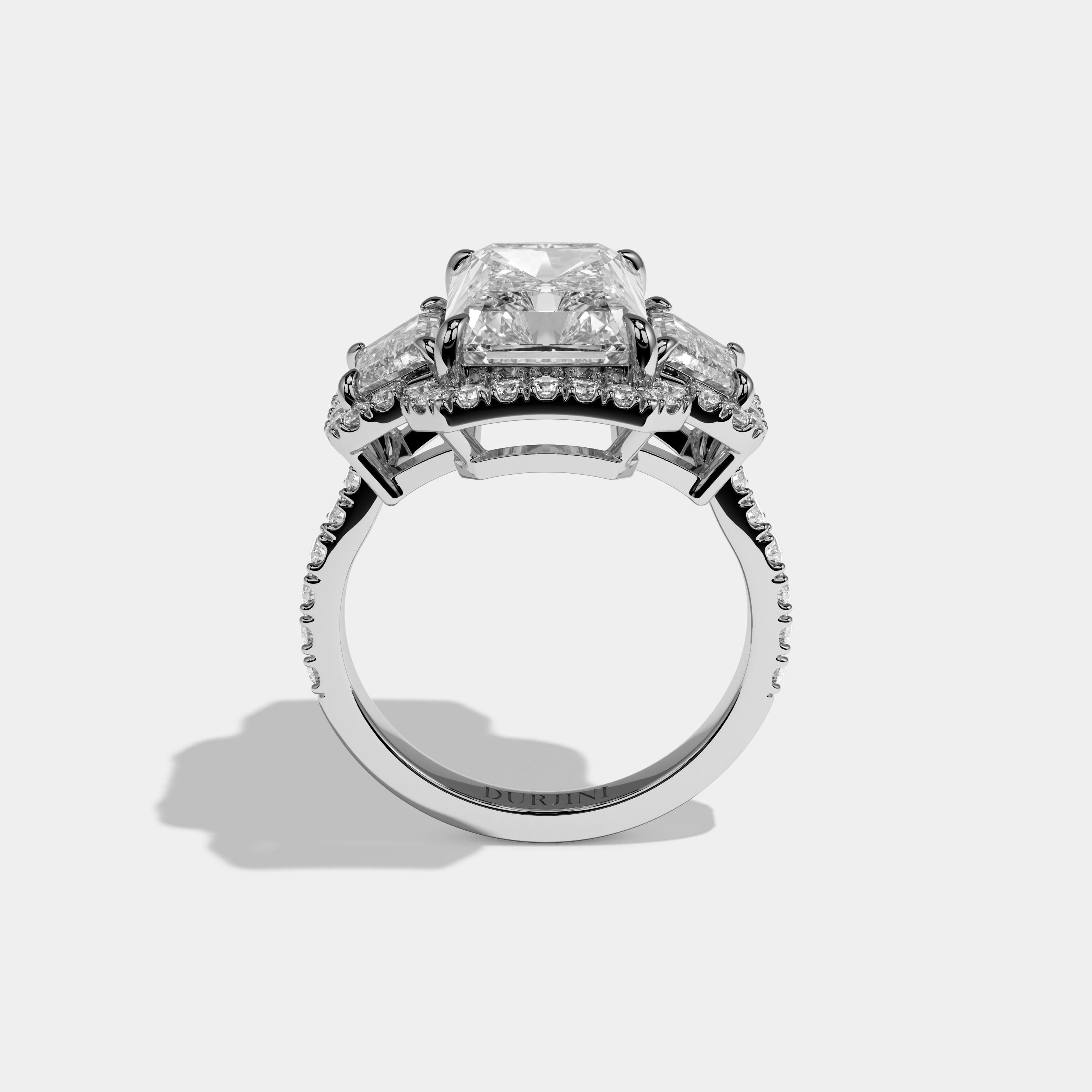 Madison Radiant Cut Diamond Halo With Step Cut Trapezoid Side Diamond Band Engagement Ring 10ct 18K White Gold