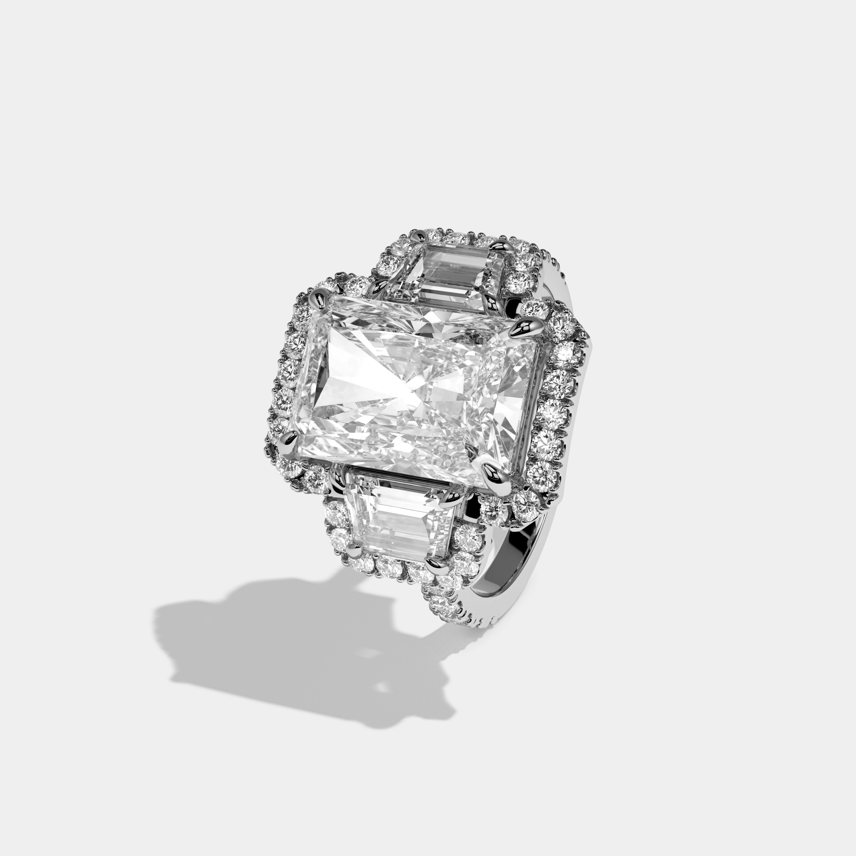 Madison Radiant Cut Diamond Halo With Step Cut Trapezoid Side Diamond Band Engagement Ring 10ct 18K White Gold