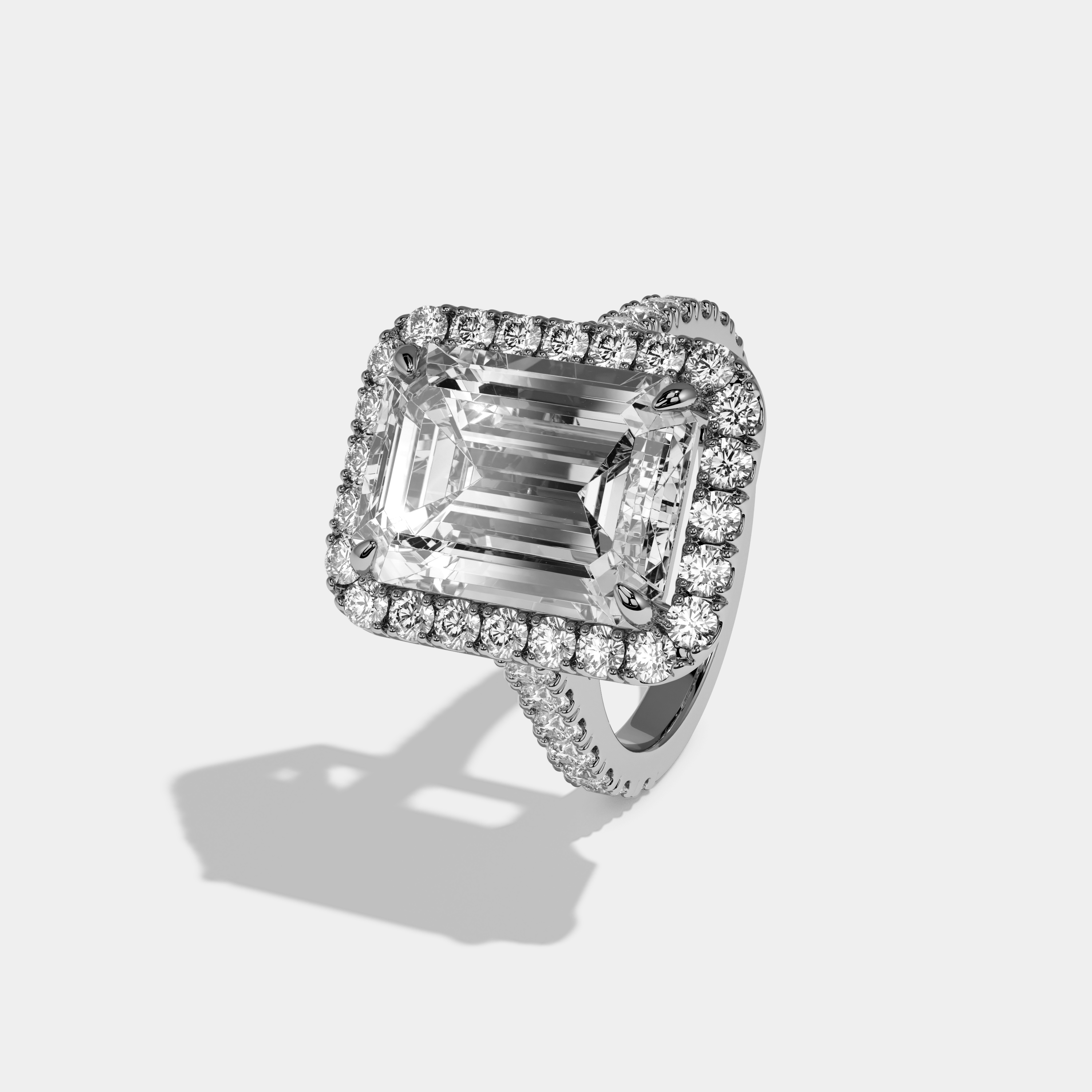 Antonia Emerald Cut Diamond Halo Diamond Band Engagement Ring 10ct 18k White Gold
