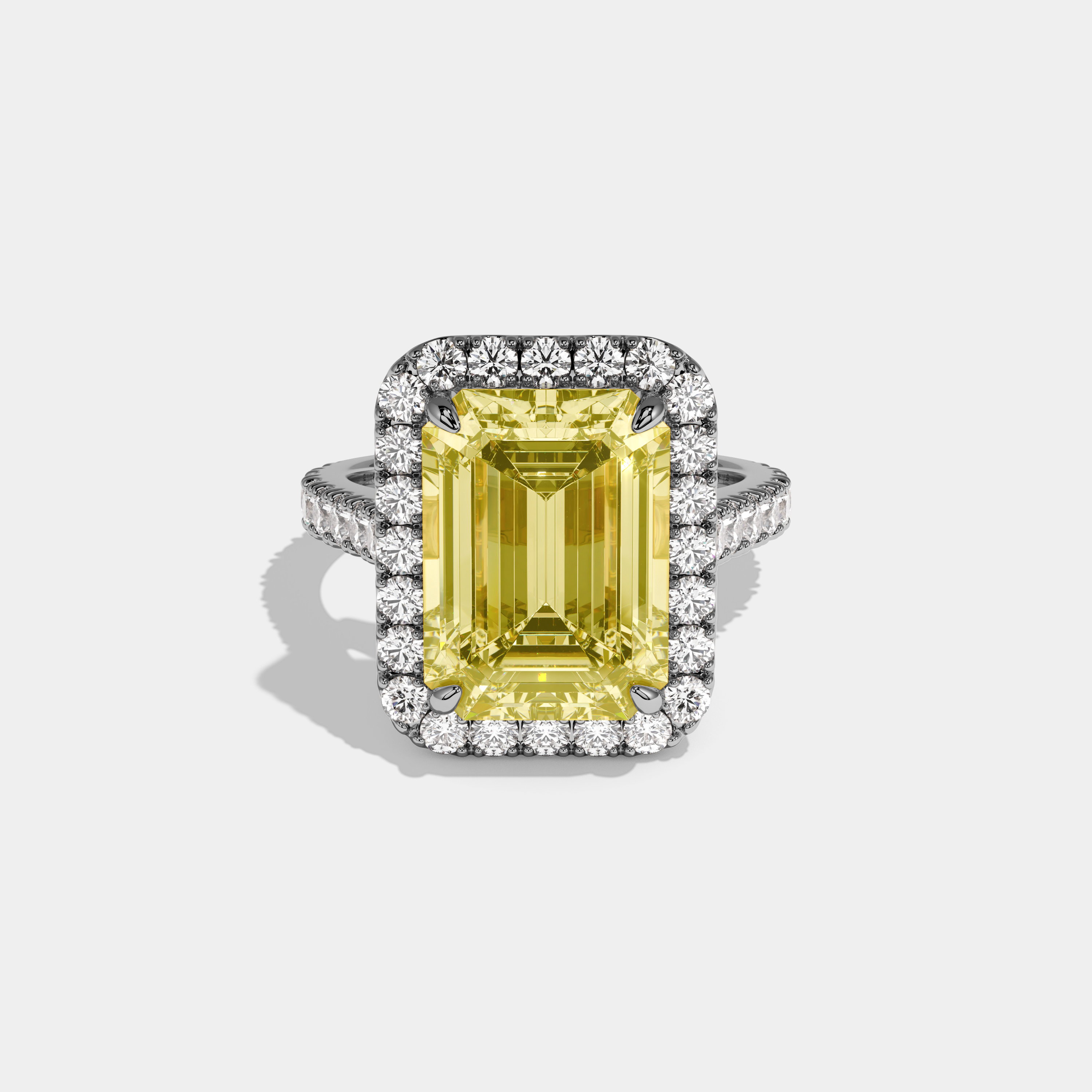 Antonia Fancy Yellow Emerald Cut Diamond Halo Diamond Band Engagement Ring 8ct 18K White Gold
