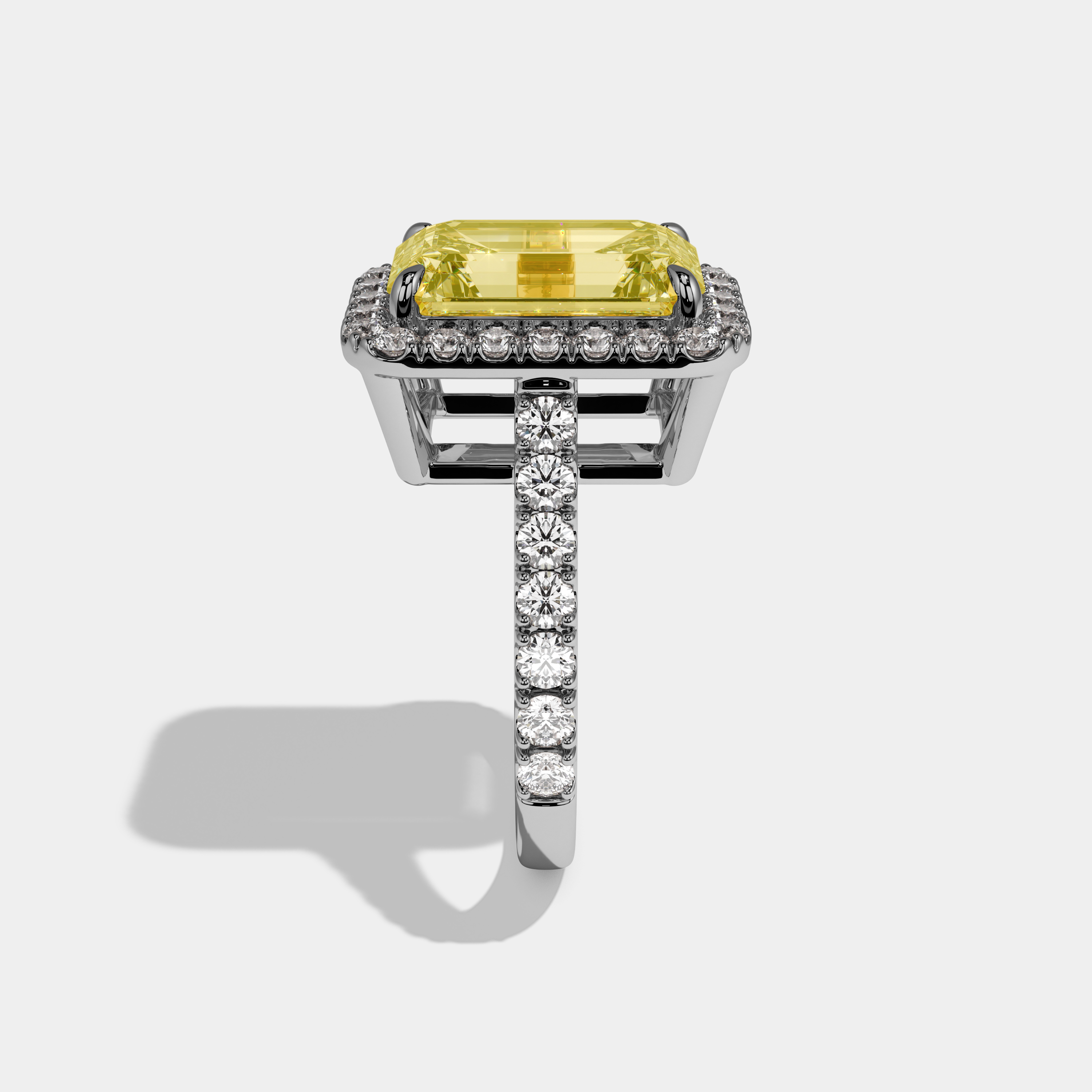 Antonia Fancy Yellow Emerald Cut Diamond Halo Diamond Band Engagement Ring 8ct 18K White Gold