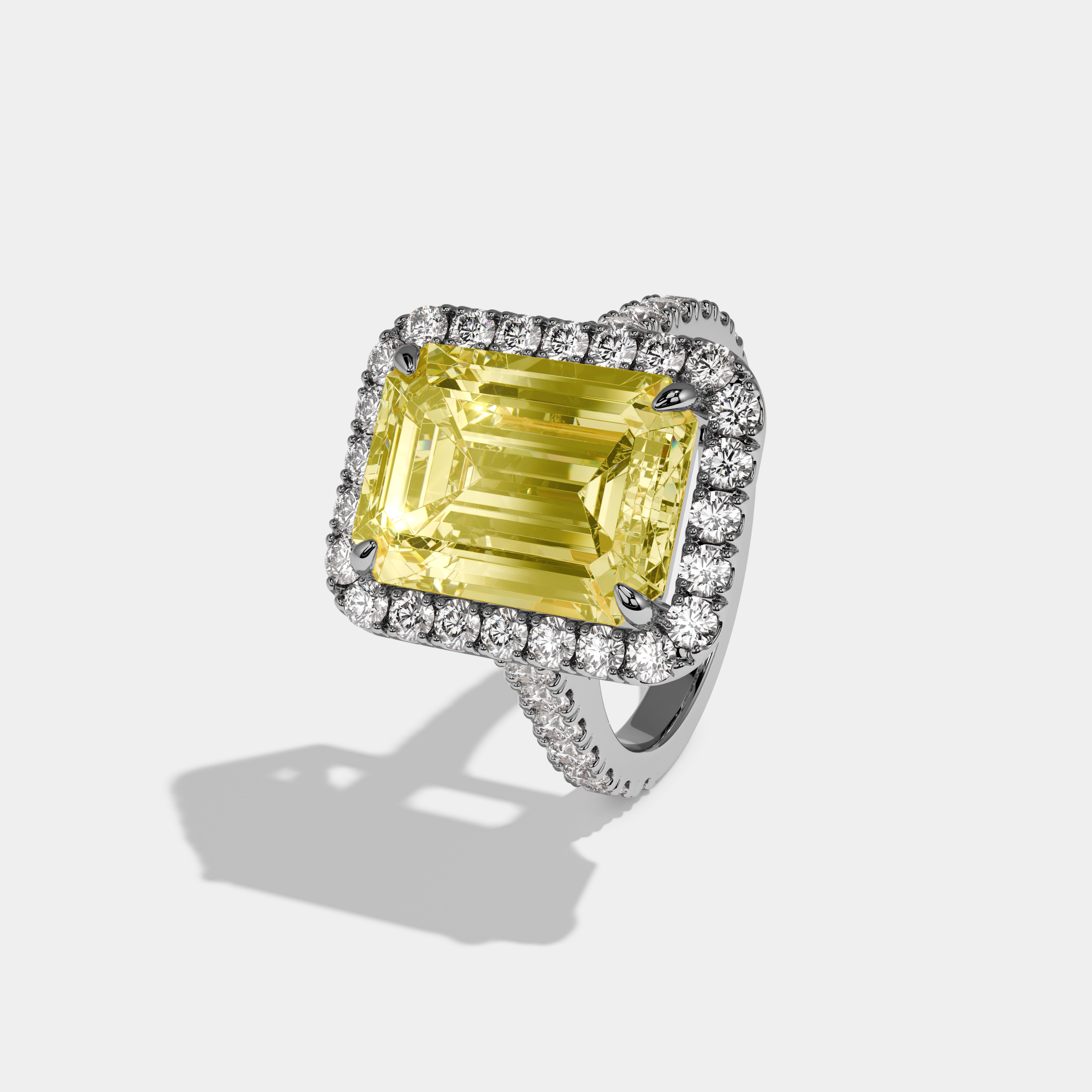 Antonia Fancy Yellow Emerald Cut Diamond Halo Diamond Band Engagement Ring 8ct 18K White Gold