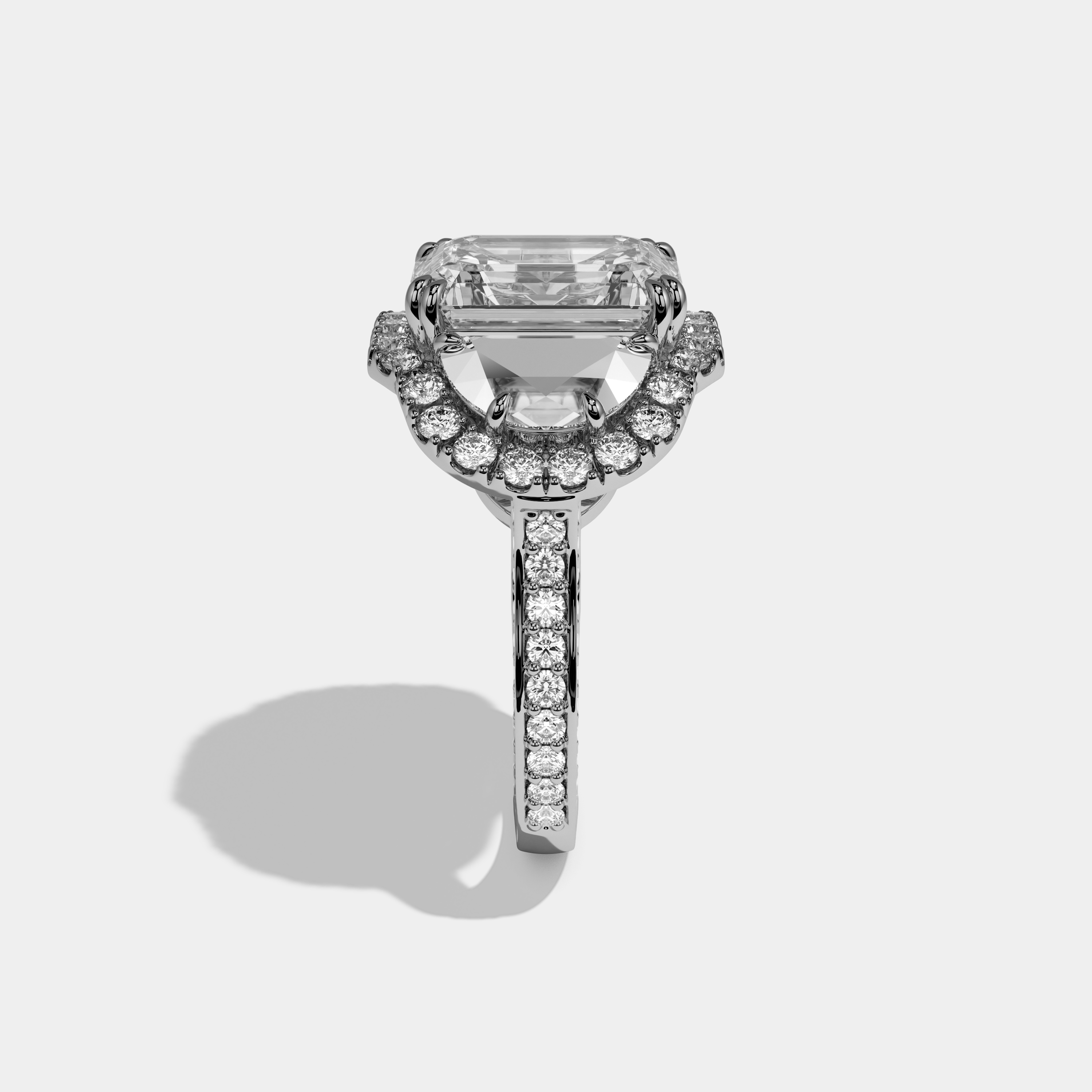 Annabel Emerald Cut Diamond With Half Moon Halo Band Engagement Ring 10ct 18k White Gold