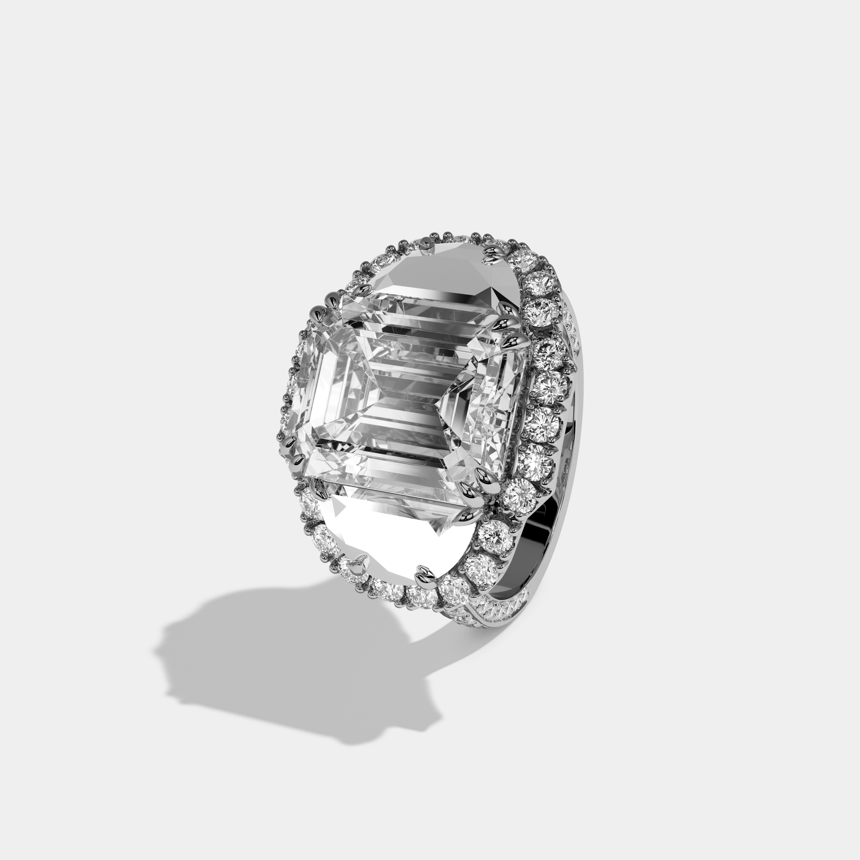 Annabel Emerald Cut Diamond With Half Moon Halo Band Engagement Ring 10ct 18k White Gold