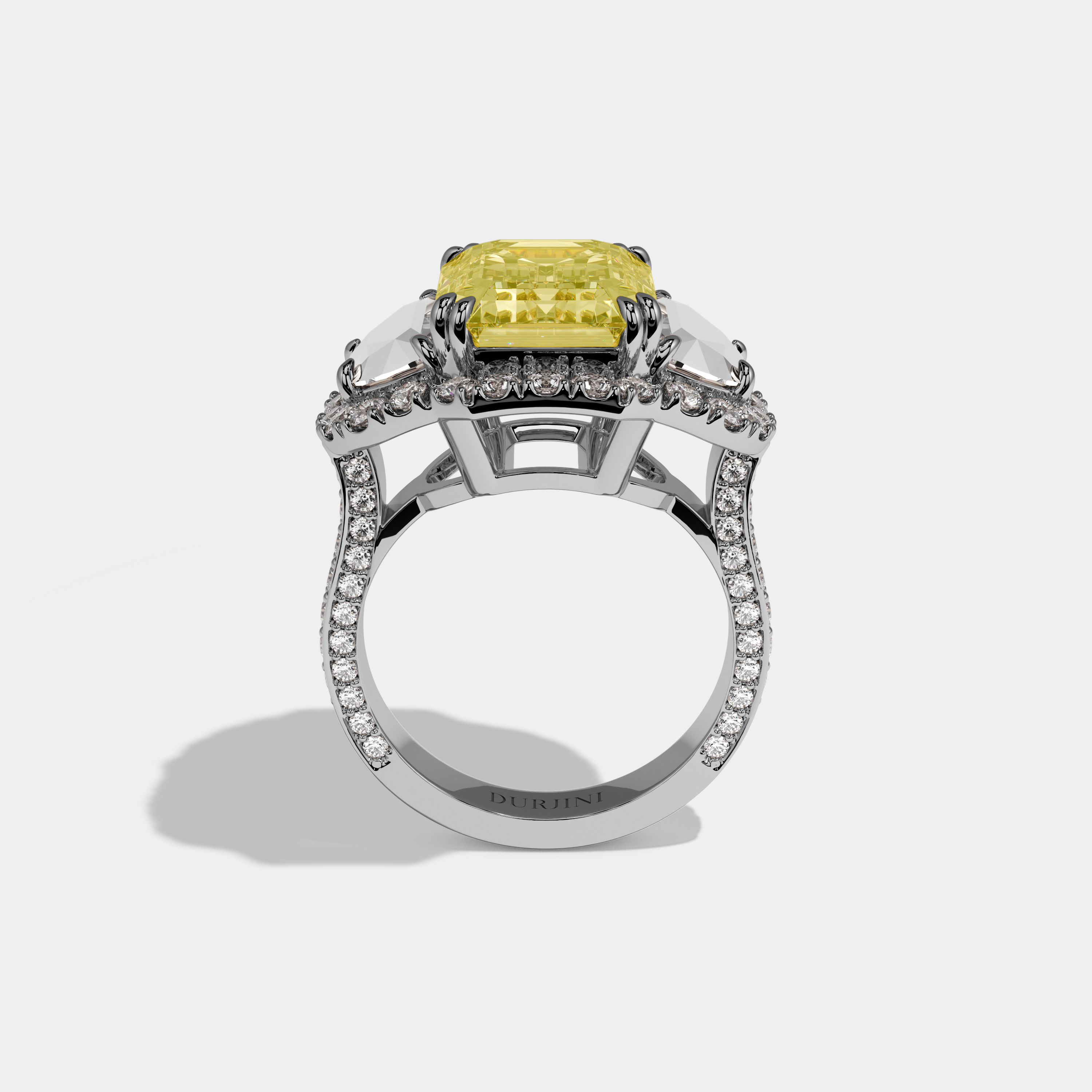 Annabel Fancy Yellow Emerald Cut Diamond With Half Moon Halo Band Engagement Ring 10ct 18k White Gold