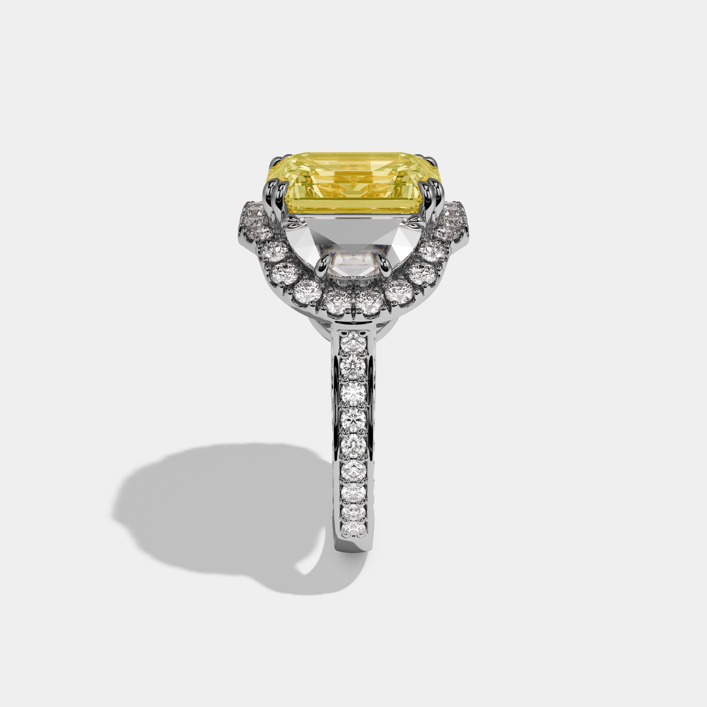 Annabel Fancy Yellow Emerald Cut Diamond With Half Moon Halo Band Engagement Ring 10ct 18k White Gold