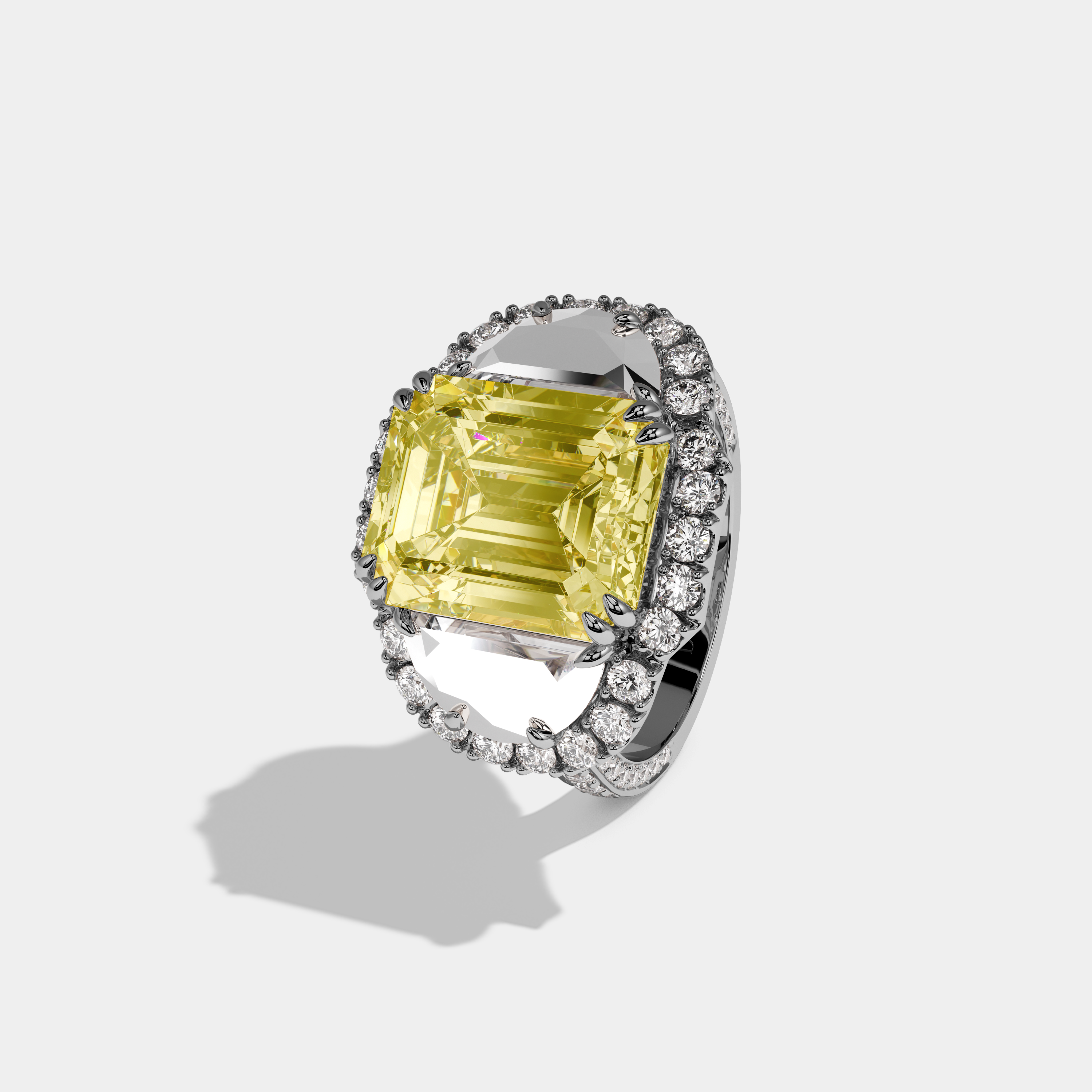 Annabel Fancy Yellow Emerald Cut Diamond With Half Moon Halo Band Engagement Ring 10ct 18k White Gold