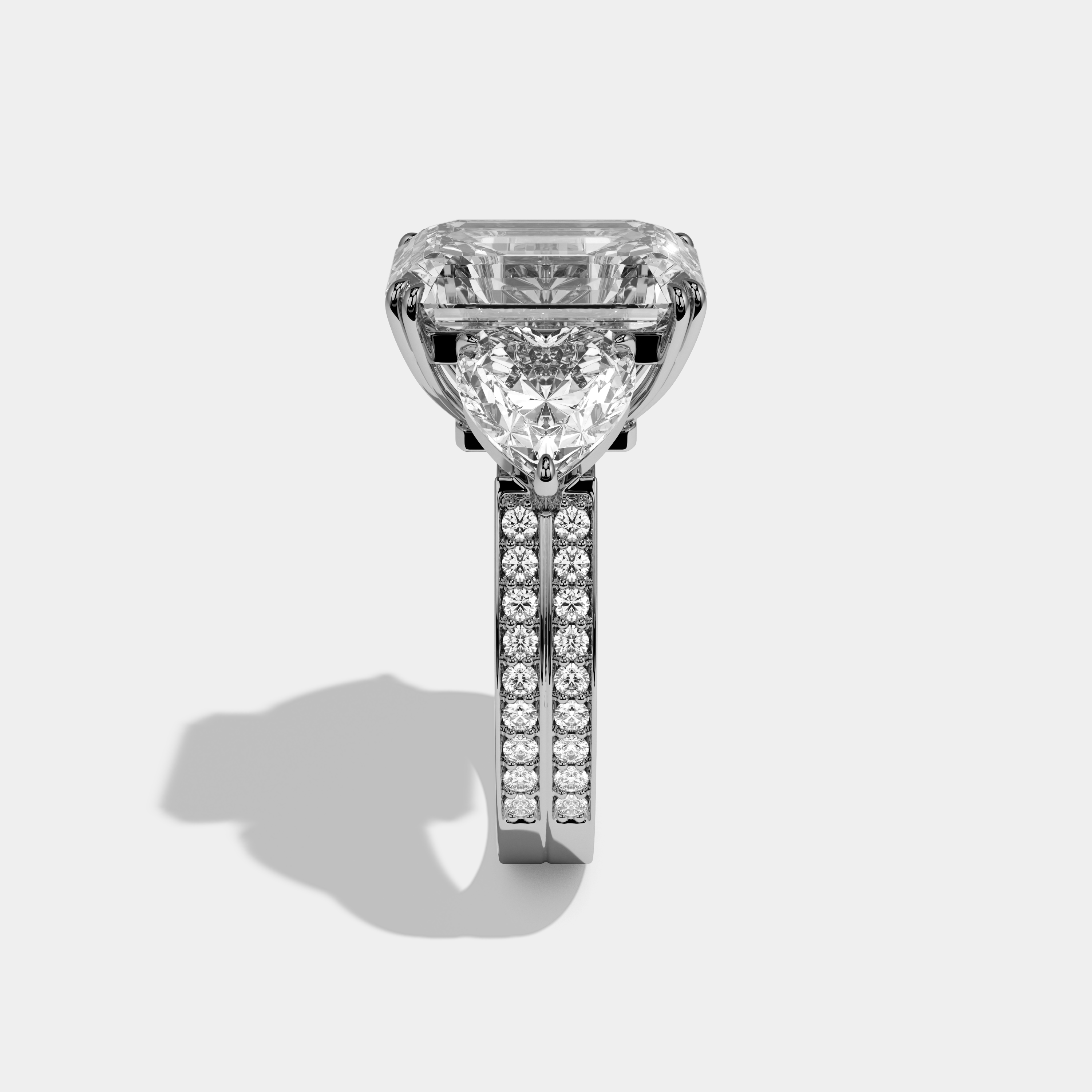Georgiana Emerald Cut Diamond Halo Double Band With Twin Heart Sides Engagement Ring 10ct 18k White Gold