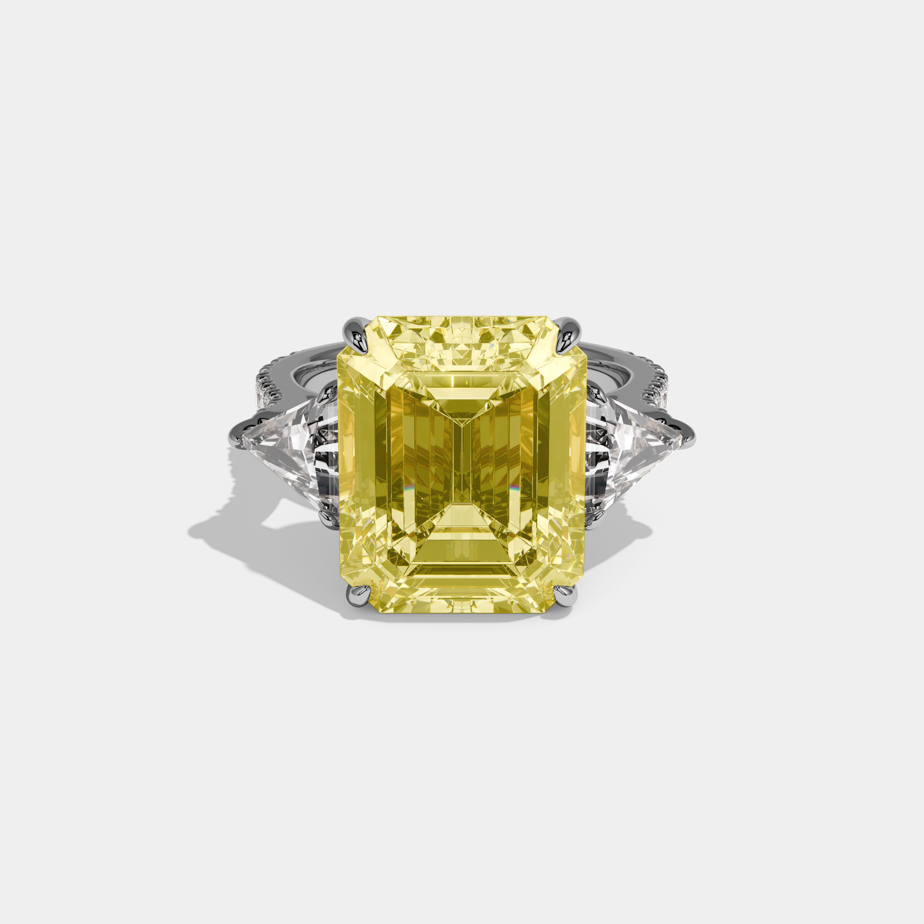 Celestine Fancy Yellow Emerald Cut Diamond Halo With Triangle Sides Engagement Ring 10ct 18k White Gold